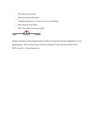 -

Our train leaves at eleven.
What time does the film start?
The plane doesn't arrive at seven, it arrives at seven thirty.
When does the class finish?
USE 4 Now (Non-Continuous Verbs)

Speakers sometimes use the Simple Present to express the idea that an action is happening or is not
happening now. This can only be done with Non-Continuous Verbs and certain Mixed Verbs.
NOTE: he, she, it - Do not forget the -s.

 