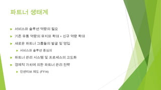 파트너 생태계


서비스와 솔루션 역량의 필요



기존 유통 역량의 유지와 확대 + 신규 역량 확대



새로운 파트너 그룹들의 발굴 및 영입


서비스와 솔루션 중심의



파트너 관리 시스템 및 프로세스의 고도화



경제적 가치에 의한 파트너 관리 전략


인센티브 제도 (FY14)

 