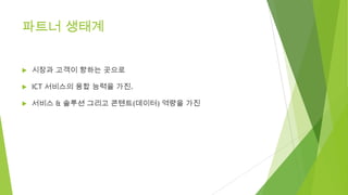 파트너 생태계



시장과 고객이 향하는 곳으로



ICT 서비스의 융합 능력을 가진.



서비스 & 솔루션 그리고 콘텐트(데이터) 역량을 가진

 