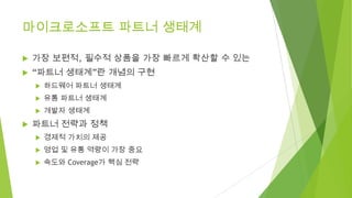 마이크로소프트 파트너 생태계


가장 보편적, 필수적 상품을 가장 빠르게 확산할 수 있는



“파트너 생태계”란 개념의 구현



유통 파트너 생태계





하드웨어 파트너 생태계
개발자 생태계

파트너 전략과 정책


경제적 가치의 제공



영업 및 유통 역량이 가장 중요



속도와 Coverage가 핵심 전략

 