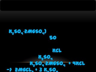 K2SO4∙2MgSO4)

50
KCl

K2SO4
K2SO4∙2MgSO4 + 4KCl
—> 2MgCl + 3 K SO

 