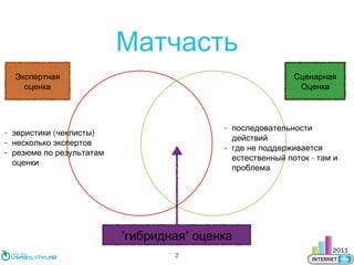 Матчасть
Сценарная
Оценка

Экспертная
оценка

- последовательности
действий
- где не поддерживается
естественный поток - там и
проблема

- эвристики (чеклисты)
- несколько экспертов
- резюме по результатам
оценки

"гибридная" оценка
2

 