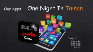 One Night In Tainan

Group 6
王偉丞 賴謙丞
李晨暉 魏柏諭
吳恩祈 陳頌恩
2014.1.16

 