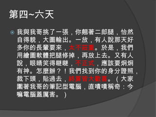 第四~六天


我與我哥挑了一張，你翹著二郎腿，怡然
自得貌，大圖輸出。一放，有人說那天好
多你的長輩要來，太不莊重。於是，我們
用繪圖軟體把腿修掉，再放上去。又有人
說，眼睛笑得瞇瞇，不正式，應該要炯炯
有神。怎麼辦？！我們找到你的身分證照，
裁下頭，貼過去，終算皆大歡喜。（大家
圍著我哥的筆記型電腦，直嘖嘖稱奇：今
嘛電腦蓋厲害。）

 