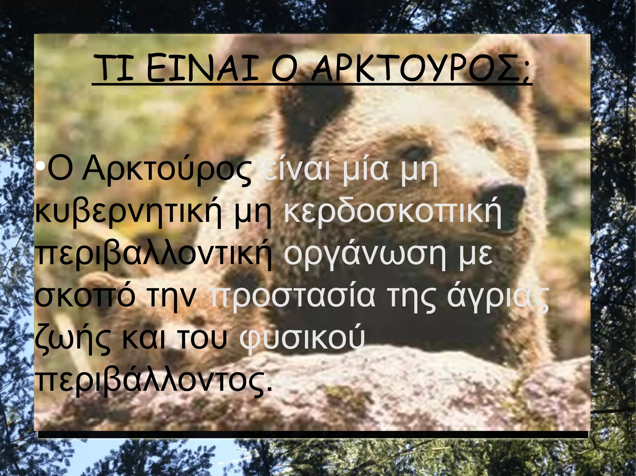 ΤΙ ΕΙΝΑΙ Ο ΑΡΚΤΟΥΡΟΣ;
Ο Αρκτούρος είναι μία μη
κυβερνητική μη κερδοσκοπική
περιβαλλοντική οργάνωση με
σκοπό την προστασία της άγριας
ζωής και του φυσικού
περιβάλλοντος.
●

 