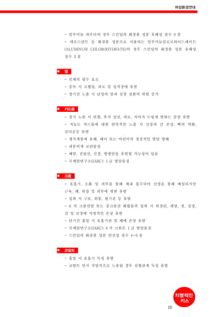 여성환경연대
10
- 알루미늄 파우더의 경우 스킨딥의 화장품 성분 유해성 점수 9 점
- 데오드란트 등 화장품 성분으로 사용되는 알루미늄클로로하이드레이트
(ALUMINUM CHLOROHYDRATE)의 경우 스킨딥의 화장품 성분 유해성
점수 3 점
철
- 인체의 필수 요소
- 중독 시 고혈압, 피로 및 성격장애 유발
- 장기간 노출 시 남성의 암과 심장 질환의 위험 증가
카드뮴
- 장기 노출 시 빈혈, 후각 상실, 피로, 치아가 누렇게 변하는 증상 유발
- 저농도 카드뮴에 대한 반복적인 노출 시 신장과 간 손상, 뼈의 약화,
골다공증 유발
- 생식계통에 유해, 태아 또는 어린이의 정상적인 발달 방해
- 내분비계 교란물질
- 폐암, 전립선, 신장, 방광암을 유발할 가능성이 있음
- 국제암연구소(IARC): 1 급 발암물질
크롬
- 호흡기, 소화 및 피부를 통해 체내 흡수되어 신장을 통해 배설되지만
근육, 폐, 위장 및 피부에 병변 유발
- 섭취 시 구토, 위통, 현기증 등 유발
- 6 가 크롬산염 또는 중크롬산 화합물의 섭취 시 위경련, 궤양, 장, 심장,
간 및 신장에 치명적인 손상 유발
- 단기간 흡입 시 호흡기관 및 폐에 손상 유발
- 국제암연구소(IARC): 6 가 크롬은 1 급 발암물질
- 스킨딥의 화장품 성분 안전성 점수 4~6 점
코발트
- 흡입 시 호흡기 독성 유발
- 코발트 먼지 직업적으로 노출될 경우 심혈관계 독성 유발
 