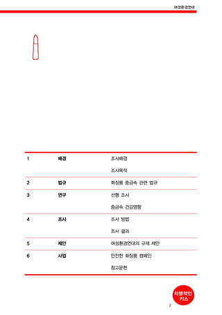 여성환경연대
2
1 배경 조사배경
조사목적
2 법규 화장품 중금속 관련 법규
3 연구 선행 조사
중금속 건강영향
4 조사 조사 방법
조사 결과
5 제안 여성환경연대의 규제 제안
6 사업 안전한 화장품 캠페인
참고문헌
 