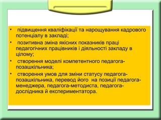 •

підвищення кваліфікації та нарощування кадрового
потенціалу в закладі;
• позитивна зміна якісних показників праці
педагогічних працівників і діяльності закладу в
цілому;
• створення моделі компетентного педагогапозашкільника;
• створення умов для зміни статусу педагогапозашкільника, перевод його на позиції педагогаменеджера, педагога-методиста, педагогадослідника й експериментатора.

 