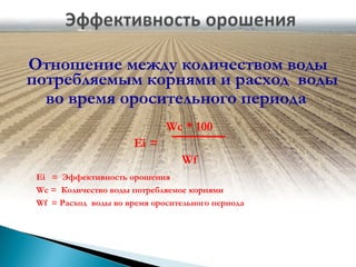 Отношение между количеством воды
потребляемым корнями и расход воды
во время оросительного периода
Wc * 100
Ei =
Wf
Ei = Эффективность орошения
Wc = Количество воды потребляемое корнями
Wf = Расход воды во время оросительного периода

 