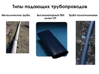 Типы подающих трубопроводов
Металлические трубы

Высоконапорный ПВХ
шланг LFT

Труба полиэтиленовая

 