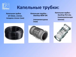 Капельные трубки:
Капельная трубка
(d=16мм, слепая,
толщина стенки 1мм)

Капельная трубка StarDrip NEW GR.
(некомпенсирова
нная)

Капельная трубка StarDrip PC2 Lite.
(самокомпенсиро
ванная)

 