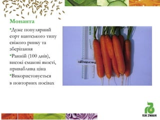 Монанта
•Дуже популярний
сорт нантського типу
свіжого ринку та
зберігання
•Ранній (100 днів),
високі смакові якості,
приваблива ціна
•Використовується
в повторних посівах

 