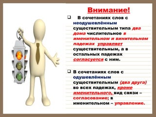 Внимание!



В сочетаниях слов с
неодушевлённым
существительным типа два
дома числительное в
именительном и винительном
падежах управляет
существительным, а в
остальных падежах
согласуется с ним.

 В сочетаниях слов с
одушевлённым
существительным (два друга)
во всех падежах, кроме
именительного, вид связи –
согласование; в
именительном – управление.

 