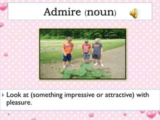 Admire (noun)



Look at (something impressive or attractive) with
pleasure.

 