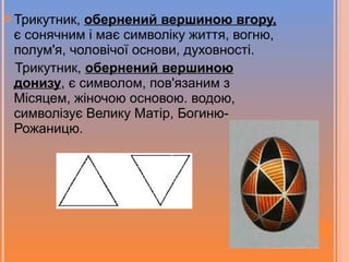  Трикутник,

обернений вершиною вгору,
є сонячним і має символіку життя, вогню,
полум'я, чоловічої основи, духовності.
Трикутник, обернений вершиною
донизу, є символом, пов'язаним з
Місяцем, жіночою основою. водою,
символізує Велику Матір, БогинюРожаницю.

 