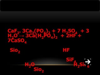 CaF2. 3Ca3(PO4)2 + 7 H2SO4 + 3
H2O → 3Ca(H2PO4)2 + 2HF +
7CaSO4
Sio2

HF
H 2O
Sio2

SiF4
H2SiF6

 