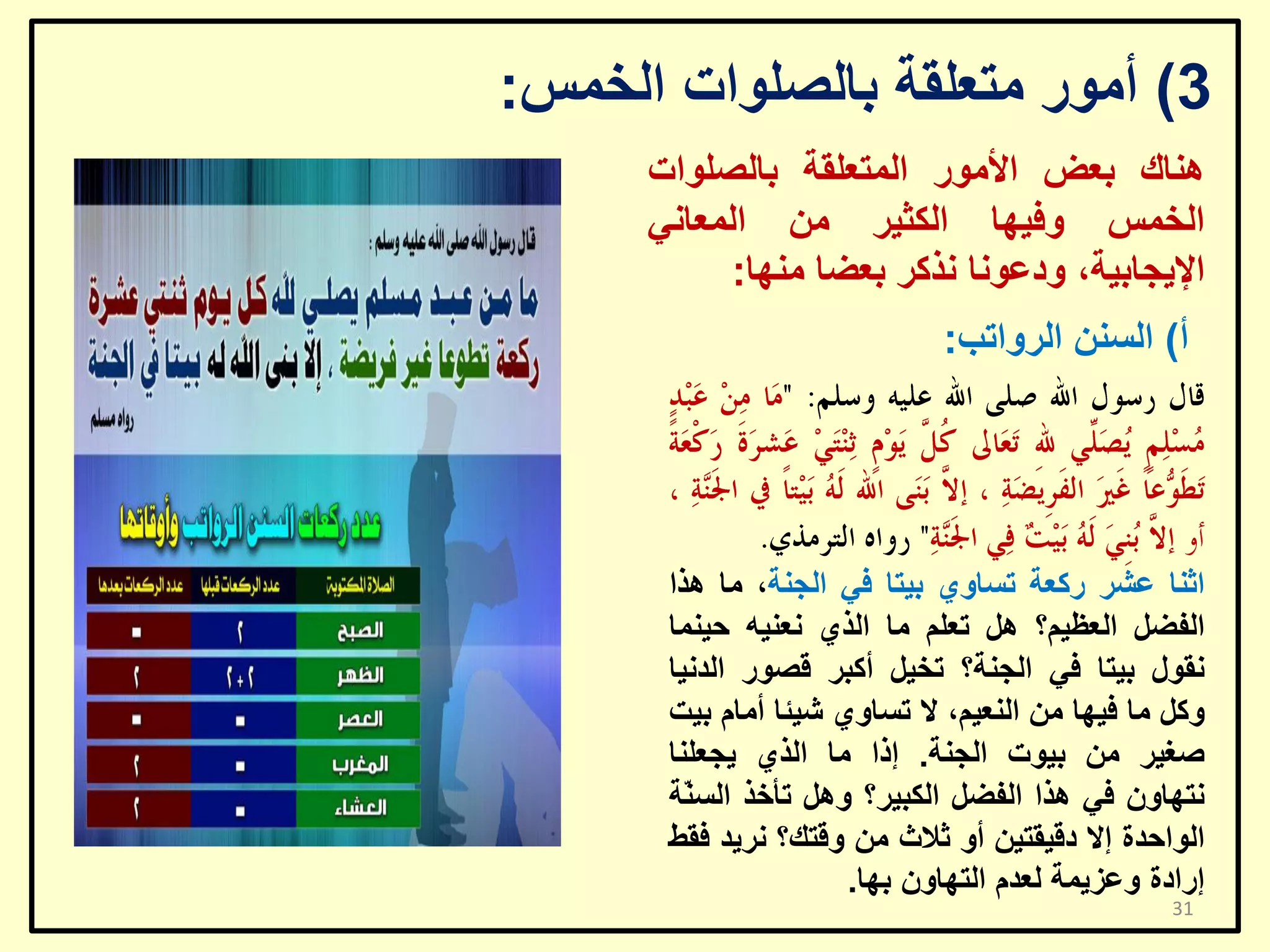 ‫3) أِٛس ِزؼٍمخ ثبٌظٍٛاد اٌخّظ:‬
‫ٕ٘بن ثؼغ األِٛس اٌّزؼٍمخ ثبٌظٍٛاد‬
‫اٌخّظ ٚف١ٙب اٌىض١ش ِٓ اٌّؼبٟٔ‬
‫اإل٠غبث١خ، ٚدػٛٔب ٔزوش ثؼؼب ِٕٙب:‬
‫أ) اٌغٕٓ اٌشٚارت:‬

‫اصٕب ػشش سوؼخ رغبٚٞ ث١زب فٟ اٌغٕخ، ِب ٘زا‬
‫اٌفؼً اٌؼظ١ُ؟ ً٘ رؼٍُ ِب اٌزٞ ٔؼٕ١ٗ ؽ١ّٕب‬
‫ٔمٛي ث١زب فٟ اٌغٕخ؟ رخ١ً أوجش لظٛس اٌذٔ١ب‬
‫ٚوً ِب ف١ٙب ِٓ إٌؼ١ُ، ال رغبٚٞ ش١ئب أِبَ ث١ذ‬
‫طغ١ش ِٓ ث١ٛد اٌغٕخ. إرا ِب اٌزٞ ٠غؼٍٕب‬
‫ٔزٙبْٚ فٟ ٘زا اٌفؼً اٌىج١ش؟ ًٚ٘ رأخز اٌغ ّخ‬
‫ٕ‬
‫اٌٛاؽذح إال دل١مز١ٓ أٚ صالس ِٓ ٚلزه؟ ٔش٠ذ فمؾ‬
‫إسادح ٚػض٠ّخ ٌؼذَ اٌزٙبْٚ ثٙب.‬
‫13‬

 