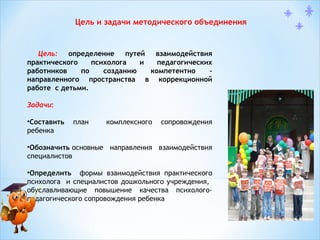 Цель и задачи методического объединения

Цель:
определение
путей
взаимодействия
практического
психолога
и
педагогических
работников
по
созданию
компетентно
–
направленного пространства в коррекционной
работе с детьми.
Задачи:
•Составить
ребенка

план

комплексного

сопровождения

•Обозначить основные направления взаимодействия
специалистов
•Определить формы взаимодействия практического
психолога и специалистов дошкольного учреждения,
обуславливающие повышение качества психологопедагогического сопровождения ребенка

 