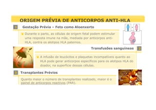 ORIGEM PRÉVIA DE ANTICORPOS ANTI-HLA
1

Gestação Prévia – Feto como Aloenxerto
Durante o parto, as células de origem fetal podem estimular
uma resposta imune na mãe, mediada por anticorpos antiHLA, contra os alotipos HLA paternos.

Transfusões sanguíneas
A infusão de leucócitos e plaquetas incompatíveis quanto ao
HLA pode gerar anticorpos específicos para os alotipos HLA do
doador, na superfície dessas células.
3

Transplantes Prévios
Quanto maior o número de transplantes realizado, maior é o
painel de anticorpos reactivos (PAR).

2

 