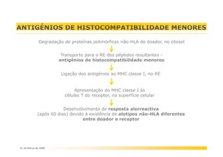 ANTIGÉNIOS DE HISTOCOMPATIBILIDADE MENORES
Degradação de proteínas polimórficas não-HLA do doador, no citosol
Transporte para o RE dos péptidos resultantes antigénios de histocompatibilidade menores
Ligação dos antigénios ao MHC classe I, no RE

Apresentação do MHC classe I às
células T do receptor, na superfície celular
Desenvolvimento de resposta alorreactiva
(após 60 dias) devido à existência de alotipos não-HLA diferentes
entre doador e receptor

21 de Março de 2006

 