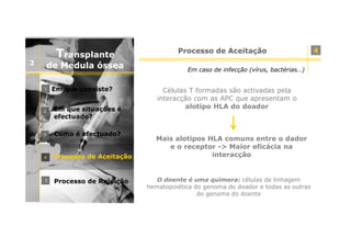 Transplante
2

de Medula óssea
1

Em que consiste?

2

Em que situações é
efectuado?

3

Como é efectuado?

4

Processo de Aceitação

5

Processo de Rejeição

Processo de Aceitação
Em caso de infecção (vírus, bactérias…)

Células T formadas são activadas pela
interacção com as APC que apresentam o
alotipo HLA do doador

Mais alotipos HLA comuns entre o dador
e o receptor -> Maior eficácia na
interacção

O doente é uma quimera: células de linhagem
hematopoiética do genoma do doador e todas as outras
do genoma do doente

4

 