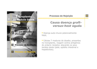 Transplante
2

Processo de Rejeição

de Medula óssea
1

Em que consiste?

2

Em que situações é
efectuado?

3

Causa doença graftversus-host aguda

Como é efectuado?

4

Processo de Aceitação

5

Processo de Rejeição

Doença auto-imune potencialmente
fatal;
Células T maduras do doador, presentes
no transplante, reagem contra antigénios
do próprio receptor, atacando os seus
tecidos deste (pele, epitélio intestinal e
hepatócitos).

5

 