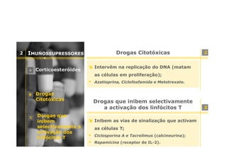 2

IMUNOSSUPRESSORES
A

Corticoesteróides

Drogas Citotóxicas

2

Intervêm na replicação do DNA (matam
as células em proliferação);
Azatioprina, Ciclofosfamida e Metotrexato.

B

C

Drogas
Citotóxicas

Drogas que
inibem
selectivamente a
activação dos
linfócitos T

Drogas que inibem selectivamente
a activação dos linfócitos T
Inibem as vias de sinalização que activam
as células T;
Ciclosporina A e Tacrolimus (calcineurina);
Rapamicina (receptor de IL-2).

3

 