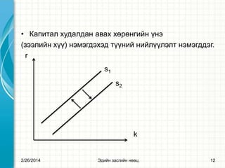 • Капитал худалдан авах хөрөнгийн үнэ
(зээлийн хүү) нэмэгдэхэд түүний нийлүүлэлт нэмэгддэг.
r
s1
s2

k

2/26/2014

Эдийн засгийн нөөц

12

 