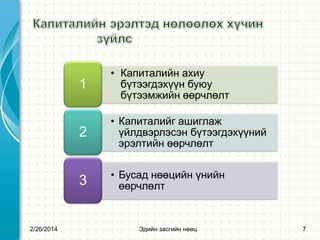 1
2

• Капиталийг ашиглаж
үйлдвэрлэсэн бүтээгдэхүүний
эрэлтийн өөрчлөлт

3

2/26/2014

• Капиталийн ахиу
бүтээгдэхүүн буюу
бүтээмжийн өөрчлөлт

• Бусад нөөцийн үнийн
өөрчлөлт

Эдийн засгийн нөөц

7

 