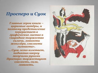 Просперо и Суок
Главные герои книги –
цирковые актѐры, и
поэтому представление
перерастает в
графических листах в
«нарядное торжество
силача, ловкости
жонглѐра, смелости
гимнаста».
… Суок легко взлетает,
поднятая кверху
могучими руками
Просперо: торжествуют
смелость, сила,
ловкость.

 
