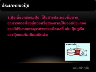ประเภทของปุย
๋
1.ปุยเดี่ยวหรือแม่ปย เปนสารประกอบที่มีธาต ุ
๋
ุ๋ ็
อาหารของพืชอยูหนึ่งหรือสองธาต ุเปนองค์ประกอบ
่
็
และมีปริมาณธาต ุอาหารของพืชคงที่ เช่น ปุยยูเรีย
๋
และปุยแอมโมเนียมซัลเฟต
๋

กลับหน้าหลัก

 