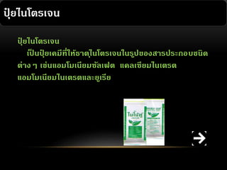 ปุยไนโตรเจน
๋
ปุยไนโตรเจน
๋
เปนปุยเคมีท่ีให้ธาต ุไนโตรเจนในรปของสารประกอบชนิด
็ ๋
ู
ต่างๆ เช่นแอมโมเนียมซัลเฟต แคลเซียมไนเตรต
แอมโมเนียมไนเตรตและยูเรีย

 