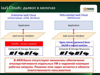 IaaS Clouds: дьявол в мелочах
Enterprise IaaS Cloud

Web-oriented IaaS Cloud

(vCloud based: vCHS, De Novo)

(AWS/Azure)

Application

Application

IaaS service interface
HA/DR, , tenant isolation
Compute & Storage Resources

IaaS service interface

Здесь могли (должны) быть
HA/DR и tenant isolation
Compute & Storage Resources

В AWS/Azure отсутствуют механизмы обеспечения
отказоустойчивости отдельных VM и надежной изоляции
рабочих нагрузок. Решение этих задач остается в области
ответственности пользователя

7

 
