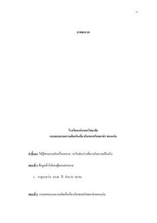 11

ภาคผนวก

โรงเรียนแก่ นนครวิทยาลัย
แบบสอบถามความคิดเห็นเกี่ยวกับเซนทรัลพลาซ่ า ขอนแก่น

คาชี้แจง ให้ผสอบถามทาเครื่ องหมาย / ลงในช่องว่างที่ตรงกับความเป็ นจริ ง
ู้
ตอนที่ 1 ข้อมูลทัวไปของผูตอบสอบถาม
้
่
1. อายุระหว่าง 10-46 ปี จานวน 50 คน

ตอนที่ 2 แบบสอบถามความคิดเห็นเกี่ยวกับเซนทรัลพลาซ่าขอนแก่น

 