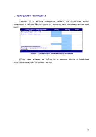 . . Календарный план проекта
Комплекс работ, которые планируется провести для организации ателье,
представлен в таблице. Цветом обозначен примерный срок реализации данного вида
работ.
Календарный план проекта

месяц

месяц

Итого

Регистрация юридического лица
Установка кондиционирования

Покупка расходных материалов
Полиграфия и распространение печатной
продукции

Таблица . «Календарный план реализации проекта».

Общий фонд времени на работы по организации ателье и проведения
подготовительных работ составляет месяца.

36

 