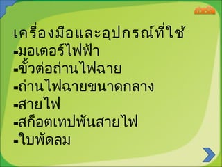 เครื่อ งมือ และอุป กรณ์ท ใ ช้
ี่
-มอเตอร์ไฟฟ้า
-ขั้วต่อถ่านไฟฉาย
-ถ่านไฟฉายขนาดกลาง
-สายไฟ
-สก็อตเทปพันสายไฟ
-ใบพัดลม

 