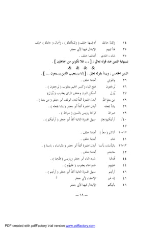 ‫ﻭﻟﻘﺪ‪ ‬ﺟﺎﺀﻙ ﺃﺩﻏﻤﻬﺎ ﺧﻠﻒ ) ﻭﻟﻘ ‪‬ﺎﺀﻙ ( ، ﻭﺃﻣﺎﻝ ) ﺟﺎﺀﻙ ( ﺧﻠﻒ‬
‫ﺠ‬
‫٤٣‬
‫ﺍﻹﺑﺪﺍﻝ ﻓﻴﻬﺎ ﻷﰊ ﺟﻌﻔﺮ‬
‫ﻓﺘﺄ ﺗﻴﻬﻢ‬
‫٥٣‬
‫ﺷﺎﺀ ، ﺍﳍﺪﻯ ﺃﻣﺎﳍﻤﺎ ﺧﻠﻒ .‬
‫٥٣‬
‫ﻧـﻬﺎﻳﺔ ﺍﻟﺜﻤﻦ ﻋﻨﺪ ﻗﻮﻟﻪ ﺗﻌﺎﱃ : ] … ﻓﻼ ﺗﻜﻮﻧﻦ ﻣﻦ ﺍﳉﺎﻫﻠﲔ [ .‬
‫& & & &‬
‫ﺍﻟﺜﻤﻦ ﺍﳋﺎﻣﺲ : ﻭﻳﺒﺪﺃ ﺑﻘﻮﻟﻪ ﺗﻌﺎﱃ : ] ﺇﳕﺎ ﻳﺴﺘﺠﻴﺐ ﺍﻟﺬﻳﻦ ﻳﺴﻤﻌﻮﻥ ... [ .‬
‫ﺃﻣﺎﳍﺎ ﺧﻠﻒ .‬
‫ﻭﺍﳌﻮﺗﻰ‬
‫٦٣‬
‫ﻓﺘﺢ ﺍﻟﻴﺎﺀ ﻭﻛﺴﺮ ﺍﳉﻴﻢ ﻳﻌﻘﻮﺏ ) ﻳ‪‬ﺮﺟِﻌﻮﻥ ( .‬
‫‪‬ﺮﺟ‪‬ﻌﻮﻥ‬
‫ﻳ‬
‫٦٣‬
‫ﺃﺳﻜﻦ ﺍﻟﻨﻮﻥ ﻭﺧﻔﻒ ﺍﻟﺰﺍﻱ ﻳﻌﻘﻮﺏ ) ‪‬ﻨ‪‬ﺰﻝ(‬
‫ﻳ‬
‫‪‬ﻨ‪‬ﺰﻝ‬
‫ﻳ‬
‫٧٣‬
‫ﺃﺑﺪﻝ ﺍﳍﻤﺰﺓ ﺃﻟﻔﺎﹰ ﻟﺪﻯ ﺍﻟﻮﻗﻒ ﺃﺑﻮ ﺟﻌﻔﺮ ) ﻣﻦ ﻳﺸﺎ ( .‬
‫ﻣﻦ ﻳﺸﺈِ ﺍﷲ‬
‫٩٣‬
‫ﺃﺑﺪﻝ ﺍﳍﻤﺰﺓ ﺃﻟﻔﺎﹰ ﺃﺑﻮ ﺟﻌﻔﺮ ) ﻳﺸﺎ ﳚﻌﻠﻪ ( .‬
‫ﻳﺸﺄ ﳚﻌﻠﻪ‬
‫٩٣‬
‫ﻗﺮﺃﻫﺎ ﺭﻭﻳﺲ ﺑﺎﻟﺴﲔ ) ﺳﺮﺍﻁ ( .‬
‫ﺻﺮﺍﻁ‬
‫٩٣‬
‫٠٤/ ﺃﺭﺃﻳﺘﻜﻢ)ﻣﻌﺎ( ﺳﻬﻞ ﺍﳍﻤﺰﺓ ﺍﻟﺜﺎﻧﻴﺔ ﺃﻟﻔﺎﹰ ﺃﺑﻮ ﺟﻌﻔﺮ ) ﺃﺭﺍﹶﻳﺘﻜﻢ ( .‬
‫٧٤‬
‫٧٤،٠٤ ﺃﺗﺎﻛﻢ ) ﻣﻌﺎﹰ ( ﺃﻣﺎﳍﺎ ﺧﻠﻒ .‬
‫ﺃﻣﺎﳍﺎ ﺧﻠﻒ .‬
‫ﺷﺎﺀ‬
‫١٤‬
‫٣٤،٢٤ ﺑﺎﻟﺒﺄﺳﺎﺀ، ﺑﺄﺳﻨﺎ ﺃﺑﺪﻝ ﺍﳍﻤﺰﺓ ﺃﻟﻔﺎﹰ ﺃﺑﻮ ﺟﻌﻔﺮ ) ﺑﺎﻟﺒﺎﺳﺎﺀ ، ﺑﺎﺳﻨﺎ ( .‬
‫ﺃﻣﺎﳍﺎ ﺧﻠﻒ .‬
‫ﺟﺎﺀﻫﻢ‬
‫٣٤‬
‫ﺷﺪﺩ ﺍﻟﺘﺎﺀ ﺃﺑﻮ ﺟﻌﻔﺮ ﻭﺭﻭﻳﺲ ) ﻓ‪‬ﺤﻨﺎ ( .‬
‫ﺘ‬
‫ﻓﹶﺘ‪‬ﺤ‪‬ﻨﺎ‬
‫٤٤‬
‫ﺿﻢ ﺍﳍﺎﺀ ﻳﻌﻘﻮﺏ ) ﻋﻠﻴ ‪‬ﻢ ( .‬
‫ﻬ‬
‫ﻋﻠﻴﻬِﻢ‬
‫٤٤‬
‫ﺳﻬﻞ ﺍﳍﻤﺰﺓ ﺍﻟﺜﺎﻧﻴﺔ ﺃﻟﻔﺎﹰ ﺃﺑﻮ ﺟﻌﻔﺮ ) ﺃﺭﺍﹶﻳﺘﻢ ( .‬
‫ﺃﺭﺃﻳﺘﻢ‬
‫٦٤‬
‫ز‬
‫ﺍﻹﺧﻔﺎﺀ ﻷﰊ ﺟﻌﻔﺮ‬
‫ﺇﻟﻪ ﻏﲑ‬
‫٦٤‬
‫ﺍﻹﺑﺪﺍﻝ ﻓﻴﻬﺎ ﻷﰊ ﺟﻌﻔﺮ‬
‫ﻳﺄﺗﻴﻜﻢ‬
‫٦٤‬
‫ـ ٩٦ ـ‬

‫‪PDF created with pdfFactory trial version www.pdffactory.com‬‬

 