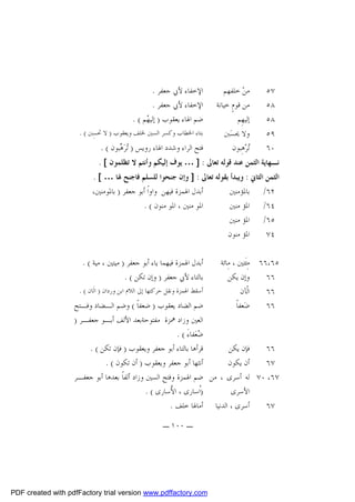 ‫٧٥‬
‫٨٥‬
‫٨٥‬
‫٩٥‬
‫٠٦‬

‫ﻣﻦ‪ ‬ﺧﻠﻔﻬﻢ‬
‫ﻣﻦ ﻗﻮﻡٍ ﺧﻴﺎﻧﺔ‬
‫ﺇﻟﻴﻬِﻢ‬
‫ﻭﻻ ﳛﺴ‪‬ﱭ‬
‫‪‬ﺮ‪‬ﻫِﺒﻮﻥ‬
‫ﺗ‬

‫ﺍﻹﺧﻔﺎﺀ ﻷﰊ ﺟﻌﻔﺮ .‬
‫ﺍﻹﺧﻔﺎﺀ ﻷﰊ ﺟﻌﻔﺮ .‬
‫ﺿﻢ ﺍﳍﺎﺀ ﻳﻌﻘﻮﺏ ) ﺇﻟﻴ ‪‬ﻢ ( .‬
‫ﻬ‬
‫ﺑﺘﺎﺀ ﺍﳋﻄﺎﺏ ﻭﻛﺴﺮ ﺍﻟﺴﲔ ﳋﻠﻒ ﻭﻳﻌﻘﻮﺏ ) ﻻ ﲢﺴِﱭ ( .‬

‫ﻓﺘﺢ ﺍﻟﺮﺍﺀ ﻭﺷﺪﺩ ﺍﳍﺎﺀ ﺭﻭﻳﺲ ) ‪‬ﺮ‪ ‬ﺒﻮﻥ ( .‬
‫ﺗﻫ‬

‫ﻧـﻬﺎﻳﺔ ﺍﻟﺜﻤﻦ ﻋﻨﺪ ﻗﻮﻟﻪ ﺗﻌﺎﱃ : ] … ﻳﻮﻑ ﺇﻟﻴﻜﻢ ﻭﺃﻧﺘﻢ ﻻ ﺗﻈﻠﻤﻮﻥ [ .‬

‫ﺍﻟﺜﻤﻦ ﺍﻟﺜﺎﱐ : ﻭﻳﺒﺪﺃ ﺑﻘﻮﻟﻪ ﺗﻌﺎﱃ : ] ﻭﺇﻥ ﺟﻨﺤﻮﺍ ﻟﻠﺴﻠﻢ ﻓﺎﺟﻨﺢ ﳍﺎ … [ .‬
‫ﺃﺑﺪﻝ ﺍﳍﻤﺰﺓ ﻓﻴﻬﻦ ﻭﺍﻭﺍﹰ ﺃﺑﻮ ﺟﻌﻔﺮ ) ﺑﺎﳌﻮﻣﻨﲔ،‬
‫٢٦/ ﺑﺎﳌﺆﻣﻨﲔ‬
‫ﺍﳌﻮ ﻣﻨﲔ ، ﺍﳌﻮ ﻣﻨﻮﻥ ( .‬
‫٤٦/ ﺍﳌﺆ ﻣﻨﲔ‬
‫٥٦/ ﺍﳌﺆ ﻣﻨﲔ‬
‫ﺍﳌﺆ ﻣﻨﻮﻥ‬
‫٤٧‬

‫٥٦،٦٦ ﻣِﺌﹶﺘﲔ ، ﻣِﺎﺋﺔ‬
‫ﻭﺇﻥ ﻳﻜﻦ‬
‫٦٦‬
‫ﺍﻟﹾﺂﻥ‬
‫٦٦‬
‫ﺿ‪‬ﻌﻔﺎﹰ‬
‫٦٦‬

‫ﺃﺑﺪﻝ ﺍﳍﻤﺰﺓ ﻓﻴﻬﻤﺎ ﻳﺎﺀ ﺃﺑﻮ ﺟﻌﻔﺮ ) ﻣﻴﺘﲔ ، ﻣﻴﺔ ( .‬
‫ﺑﺎﻟﺘﺎﺀ ﻷﰊ ﺟﻌﻔﺮ ) ﻭﺇﻥ ﺗﻜﻦ ( .‬
‫ﺃﺳﻘﻂ ﺍﳍﻤﺰﺓ ﻭﻧﻘﻞ ﺣﺮﻛﺘﻬﺎ ﺇﱃ ﺍﻟﻼﻡ ﺍﺑﻦ ﻭﺭﺩﺍﻥ ) ﺍﻟﹶﺎﻥ ( .‬

‫ﺿﻢ ﺍﻟﻀﺎﺩ ﻳﻌﻘﻮﺏ ) ﺿﻌﻔﺎﹰ ( ﻭﺿﻢ ﺍﻟـﻀﺎﺩ ﻭﻓـﺘﺢ‬
‫ﺍﻟﻌﲔ ﻭﺯﺍﺩ ﳘﺰﺓ ﻣﻔﺘﻮﺣﺔﺑﻌﺪ ﺍﻷﻟﻒ ﺃﺑـﻮ ﺟﻌﻔـﺮ )‬
‫‪‬ﻌ‪‬ﻔﺎﺀَ ( .‬
‫ﺿ‬
‫ﻗﺮﺃﻫﺎ ﺑﺎﻟﺘﺎﺀ ﺃﺑﻮ ﺟﻌﻔﺮ ﻭﻳﻌﻘﻮﺏ ) ﻓﺈﻥ ﺗﻜﻦ ( .‬
‫ﻓﺈﻥ ﻳﻜﻦ‬
‫٦٦‬
‫ﺃﻧﺜﻬﺎ ﺃﺑﻮ ﺟﻌﻔﺮ ﻭﻳﻌﻘﻮﺏ ) ﺃﻥ ﺗﻜﻮﻥ ( .‬
‫ﺃﻥ ﻳﻜﻮﻥ‬
‫٧٦‬
‫٧٦، ٠٧ ﻟﻪ ﺃﺳﺮﻯ ، ﻣﻦ ﺿﻢ ﺍﳍﻤﺰﺓ ﻭﻓﺘﺢ ﺍﻟﺴﲔ ﻭﺯﺍﺩ ﺃﻟﻔﺎﹰ ﺑﻌﺪﻫﺎ ﺃﺑﻮ ﺟﻌﻔـﺮ‬
‫)ﹸﺳﺎﺭﻯ ، ﺍ ُﺳﺎﺭﻯ ( .‬
‫ﻷ‬
‫ﺍ‬
‫ﺍﻷﺳﺮﻯ‬
‫ﺃﺳﺮﻯ ، ﺍﻟﺪﻧﻴﺎ ﺃﻣﺎﳍﺎ ﺧﻠﻒ .‬
‫٧٦‬
‫ـ ٠٠١ ـ‬

‫‪PDF created with pdfFactory trial version www.pdffactory.com‬‬

 