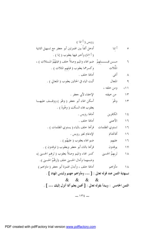 ‫٥‬
‫٦‬
‫٨‬
‫٩‬
‫١١،‬
‫٣١‬
‫٣١‬
‫٤١‬
‫٦١‬
‫٦١‬
‫٦١‬
‫٦١‬
‫٧١‬
‫٨١‬
‫٨١‬

‫ﺭﻭﻳﺲ ) ﺃ ﺍِﺫﺍ (‬
‫ﺃﺩﺧﻞ ﺃﻟﻔﺎﹰ ﺑﲔ ﺍﳍﻤﺰﺗﲔ ﺃﺑﻮ ﺟﻌﻔﺮ ﻣﻊ ﺗﺴﻬﻴﻞ ﺍﻟﺜﺎﻧﻴﺔ‬
‫ﺃ ﺋِﻨﺎ‬
‫) ﺃ ﺍﺍِﻧﺎ( ﻭﺃﺧﱪ ﻓﻴﻬﺎ ﻳﻌﻘﻮﺏ ) ﺇﻧﺎ ( .‬
‫ـﻦ ــﻠِﻬِ ‪ ‬ﺿﻢ ﺍﳍﺎﺀ ﻭﺍﳌﻴﻢ ﻭﺻﻼﹰ ﺧﻠﻒ ) ﻗﺒﻠ ‪  ‬ﺍﳌـﺜﻼﺕ ( ،‬
‫ﻬﻢ‬
‫ﻣـ ﻗﺒـ ﻢ‬
‫ﻭﻛﺴﺮﳘﺎ ﻳﻌﻘﻮﺏ ) ﻗﺒﻠِﻬِﻢِ ﺍﳌﺜﻼﺕ ( .‬
‫ﺍﳌﹶﹸﻼﺕ‬
‫ﺜ‬
‫ﺃﻣﺎﳍﺎ ﺧﻠﻒ .‬
‫ﺃﻧﺜﻰ‬
‫ﺃﺛﺒﺖ ﺍﻟﻴﺎﺀ ﰲ ﺍﳊﺎﻟﲔ ﻳﻌﻘﻮﺏ ) ﺍﳌﺘﻌﺎﱄ ( .‬
‫ﺍﳌﺘﻌﺎﻝ‬
‫ﻭﻣﻦ ﺧﻠﻔﻪ ،‬
‫ﺍﻹﺧﻔﺎﺀ ﻷﰊ ﺟﻌﻔﺮ .‬
‫ﻣﻦ ﺧﻴﻔﺘﻪ‬
‫ﺃﺳﻜﻦ ﺍﳍﺎﺀ ﺃﺑﻮ ﺟﻌﻔﺮ ) ﻭﻫ‪‬ﻮ ( ﻭﻭﻗـﻒ ﻋﻠﻴﻬـﺎ‬
‫ﻭ ‪‬ﻮ‪‬‬
‫ﻫ‬
‫ﻳﻌﻘﻮﺏ ‪‬ﺎﺀ ﺍﻟﺴﻜﺖ ) ﻭ ‪‬ﻮﻩ‪. ( ‬‬
‫ﻫ‬
‫ﺃﻣﺎﳍﺎ ﺭﻭﻳﺲ .‬
‫ﺍﻟﻜﺎﻓﺮﻳﻦ‬
‫ﺃﻣﺎﳍﺎ ﺧﻠﻒ .‬
‫ﺍﻷﻋﻤﻰ‬
‫ﺗﺴﺘﻮﻱ ﺍﻟﻈﻠﻤﺎﺕ ﻗﺮﺃﻫﺎ ﺧﻠﻒ ﺑﺎﻟﻴﺎﺀ ) ﻳﺴﺘﻮﻱ ﺍﻟﻈﻠﻤﺎﺕ ( .‬
‫ﺍﻹﺩﻏﺎﻡ ﻟﻐﲑ ﺭﻭﻳﺲ .‬
‫ﺃﻓﺎﲣﺬﰎ‬
‫ﺿﻢ ﺍﳍﺎﺀ ﻳﻌﻘﻮﺏ ) ﻋﻠﻴ ‪‬ﻢ ( .‬
‫ﻬ‬
‫ﻋﻠﻴﻬِﻢ‬
‫ﻗﺮﺃﻫﺎ ﺑﺎﻟﺘﺎﺀ ﺃﺑﻮ ﺟﻌﻔﺮ ﻭﻳﻌﻘﻮﺏ ) ﺗﻮﻗِﺪﻭﻥ ( .‬
‫ﻳﻮﻗِﺪﻭﻥ‬
‫ﻛﺴﺮ ﺍﳍﺎﺀ ﻭﺍﳌﻴﻢ ﻭﺻﻼﹰ ﻳﻌﻘﻮﺏ ) ﻟﺮ‪ِ‬ﻢِ ﺍﳊﺴﲎ (،‬
‫ﻟﺮﺑِﻬِ ‪ ‬ﺍﳊﺴﲎ‬
‫ﻢ‬
‫ﻭﺿﻤﻬﻤﺎ ﻭﺃﻣﺎﻝ ﺍﳊﺴﲎ ﺧﻠﻒ )ﻟﺮ ‪  ‬ﺍﳊﺴﲎ (.‬
‫‪‬ﻢ‬
‫ﺃﻣﺎﳍﺎ ﺧﻠﻒ ، ﻭﺃﺑﺪﻝ ﺍﳍﻤﺰﺓ ﺃﺑﻮ ﺟﻌﻔﺮ ) ﻣﺎﻭﺍﻫﻢ (‬
‫ﻣﺄﻭﺍﻫﻢ‬

‫ﻧـﻬﺎﻳﺔ ﺍﻟﺜﻤﻦ ﻋﻨﺪ ﻗﻮﻟﻪ ﺗﻌﺎﱃ : ] … ﻭﻣﺄﻭﺍﻫﻢ ﺟﻬﻨﻢ ﻭﻟﺒﺌﺲ ﺍﳌﻬﺎﺩ [ .‬

‫& & & &‬
‫ﺍﻟﺜﻤﻦ ﺍﳋﺎﻣﺲ : ﻭﻳﺒﺪﺃ ﺑﻘﻮﻟﻪ ﺗﻌﺎﱃ : ] ﺃﻓﻤﻦ ﻳﻌﻠﻢ ﺃﳕﺎ ﺃﻧﺰﻝ ﺇﻟﻴﻚ … [ .‬
‫ـ ٤٣١ ـ‬

‫‪PDF created with pdfFactory trial version www.pdffactory.com‬‬

 