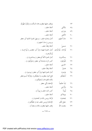 ‫٣٦‬
‫٨٥‬
‫٩٥‬
‫٠٦‬
‫١٦‬
‫١٦‬
‫١٦‬
‫١٦‬
‫٢٦‬
‫٢٦‬
‫٤٦‬
‫٤٦‬
‫٦٦‬
‫٦٦‬
‫٨٦‬
‫٨٦‬
‫٠٧‬
‫١٧‬
‫٢٧‬
‫٢٧‬

‫ﻭﻭﻗﻒ ﻋﻠﻴﻬﺎ ﻳﻌﻘﻮﺏ ‪‬ﺎﺀ ﺍﻟﺴﻜﺖ ) ﻭ ‪‬ﻮﻩ‪ ،‬ﻓ ‪‬ﻮﻩ‪(‬‬
‫ﻫ ﻬ‬
‫ﺃﻣﺎﳍﺎ ﺧﻠﻒ .‬
‫ﺑﺎﻷﻧﺜﻰ‬
‫ﺃﻣﺎﳍﺎ ﺧﻠﻒ .‬
‫ﻳﺘﻮﺍﺭﻯ‬
‫ﺃﻣﺎﳍﺎ ﺧﻠﻒ .‬
‫ﺍﻷﻋﻠﻰ‬
‫ﺃﻣﺎﻝ )ﺟﺎﺀ( ﺧﻠﻒ ، ﻭﺳﻬﻞ ﺍﳍﻤﺰﺓ ﺍﻟﺜﺎﻧﻴﺔ ﺃﺑﻮ ﺟﻌﻔﺮ‬
‫ﺟﺎﺀَ ﺃﺟﻠﻬﻢ‬
‫ﻭﺭﻭﻳﺲ ) ﺟﺎﺀَ ﺍﹶﺟﻠﻬﻢ ( .‬
‫ﺃﻣﺎﳍﺎ ﻭﻗﻔﺎﹰ ﺧﻠﻒ .‬
‫ﻣﺴﻤﻰ‪‬‬
‫‪‬ﺆ‪‬ﺍﺧﺬ ، ‪‬ﺆ‪ ‬ﺮﻫﻢ ﺃﺑﺪﻝ ﺍﳍﻤﺰﺓ ﻓﻴﻬﻤﺎ ﻭﺍﻭﺍﹰ ﺃﺑﻮ ﺟﻌﻔـﺮ ) ‪‬ﻮ‪‬ﺍﺧِـﺬ ،‬
‫ﻳ‬
‫ﻳﺧ‬
‫ﻳ‬
‫‪‬ﻮ‪ ‬ﺮﻫﻢ ( .‬
‫ﻳﺧ‬
‫ﺃﺑﺪﻝ ﺍﳍﻤﺰﺓ ﺃﻟﻔﺎﹰ ﺃﺑﻮﺟﻌﻔﺮ ) ﻳﺴﺘﺎﺧﺮﻭﻥ ( .‬
‫ﻳﺴﺘﺄﺧﺮﻭﻥ‬
‫ﻛﺴﺮ ﺍﻟﺮﺍﺀ ﻣﺸﺪﺩﺓ ﺃﺑﻮ ﺟﻌﻔﺮ ) ﻣﻔ ‪‬ﻃﻮﻥ ( .‬
‫ﺮ‬
‫‪‬ﻔﹾﺮ‪‬ﻃﻮﻥ‬
‫ﻣ‬
‫ﺃﻣﺎﳍﺎ ﺧﻠﻒ .‬
‫ﺍﳊﺴﲎ‬
‫ﺃﻣﺎﳍﺎ ﻭﻗﻔﺎﹰ ﺧﻠﻒ.‬
‫ﻫﺪﻯ‪‬‬
‫ﺃﺑﺪﻝ ﺍﳍﻤﺰﺓ ﻓﻴﻬﺎ ﻭﺍﻭﺍﹰ ﺃﺑﻮ ﺟﻌﻔﺮ ) ﻳﻮﻣﻨﻮﻥ ( .‬
‫ﻳﺆﻣﻨﻮﻥ‬
‫ﻓﺘﺢ ﺍﻟﻨﻮﻥ ﻳﻌﻘﻮﺏ ) ﻧ‪‬ﺴﻘﻴﻜﻢ ( .ﻭﻗﺮﺃﻫﺎ ﺃﺑـﻮﺟﻌﻔﺮ‬
‫‪‬ﺴ‪‬ﻘﻴﻜﻢ‬
‫ﻧ‬
‫ﺑﺎﻟﺘﺎﺀ ﺍﳌﻔﺘﻮﺣﺔ ) ﺗ‪‬ﺴﻘﻴﻜﻢ ( .‬
‫ﺍﻹﺧﻔﺎﺀ ﻷﰊ ﺟﻌﻔﺮ .‬
‫ﻟﺒﻨﺎﹰ ﺧﺎﻟﺼﺎﹰ‬
‫ﺃﻣﺎﳍﺎ ﺧﻠﻒ .‬
‫ﻭﺃﹶﻭ‪‬ﺣﻰ‬
‫ﻛﺴﺮ ﺍﻟﺒﺎﺀ ﺧﻠﻒ ) ﺑِﻴﻮﺗﺎﹰ ( .‬
‫‪‬ﻮﺗﺎﹰ‬
‫ﺑﻴ‬
‫ﺃﻣﺎﳍﺎ ﺧﻠﻒ .‬
‫ﻳﺘﻮﻓﺎﻛﻢ‬
‫ﻗﺮﺃﻫﺎ ﺭﻭﻳﺲ ﺑﺎﻟﺘﺎﺀ ) ﲡﺤﺪﻭﻥ ( .‬
‫ﳚﺤﺪﻭﻥ‬
‫ﺍﻹﺩﻏﺎﻡ ﻟﺮﻭﻳﺲ ﲞﻠﻒ ﻋﻨﻪ ) ﺟ‪‬ﻌ‪‬ﱠﻜﻢ ( .‬
‫ﻠ‬
‫ﺟﻌﻞ ﻟﻜﻢ‬
‫ﻭﻗﻒ ﻋﻠﻴﻬﺎ ﻳﻌﻘﻮﺏ ﺑﺎﳍﺎﺀ ) ﺑﻨﻌﻤﻪ‪. ( ‬‬
‫ﺑﻨﻌﻤﺖ ﺍﷲ‬
‫ـ ٤٤١ ـ‬

‫‪PDF created with pdfFactory trial version www.pdffactory.com‬‬

 