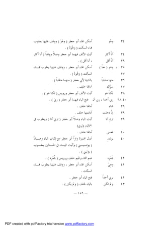 ‫ﺃﺳﻜﻦ ﺍﳍﺎﺀ ﺃﺑﻮ ﺟﻌﻔﺮ ) ﻭﻫ‪‬ﻮ‪ ( ‬ﻭﻭﻗﻒ ﻋﻠﻴﻬﺎ ﻳﻌﻘﻮﺏ‬
‫ﻭ ‪‬ﻮ‬
‫ﻫ‬
‫٤٣‬
‫‪‬ﺎﺀ ﺍﻟﺴﻜﺖ ) ﻭ ‪‬ﻮ‪‬ﻩ‪. ( ‬‬
‫ﻫ‬
‫ﺃﺛﺒﺖ ﺍﻷﻟﻒ ﻓﻴﻬﻤﺎ ﺃﺑﻮ ﺟﻌﻔﺮ ﻭﺻﻼﹰ ﻭﻭﻗﻔﺎﹰ ) ﺃﻧﺎ ﺃﻛﺜﺮ‬
‫ﺃﻧﺎﹾ ﺃﻛﺜﺮ‬
‫٤٣‬
‫، ﺃﻧﺎ ﺃﻗﻞ ( .‬
‫ﺃﻧﺎﹾ ﺃﻗﻞ‬
‫٩٣‬
‫ﺃﺳﻜﻦ ﺍﳍﺎﺀ ﺃﺑﻮ ﺟﻌﻔﺮ ، ﻭﻭﻗﻒ ﻋﻠﻴﻬﺎ ﻳﻌﻘﻮﺏ ‪‬ـﺎﺀ‬
‫٥٣ ، ﻭﻫﻮ ) ﻣﻌﺎﹰ (‬
‫ﺍﻟﺴﻜﺖ ) ﻭ ‪‬ﻮﻩ‪. ( ‬‬
‫ﻫ‬
‫٧٣‬
‫ﺑﺎﻟﺘﺜﻨﻴﺔ ﻷﰊ ﺟﻌﻔﺮ ) ﻣﻨﻬﻤﺎ ﻣﻨﻘﻠﺒﺎﹰ ( .‬
‫ﻣﻨﻬﺎ ﻣﻨﻘﻠﺒﺎﹰ‬
‫٦٣‬
‫ﺃﻣﺎﳍﺎ ﺧﻠﻒ .‬
‫ﺳ ‪‬ﺍﻙ‬
‫ﻮ‬
‫٧٣‬
‫ﺃﺛﺒﺖ ﺍﻷﻟﻒ ﺃﺑﻮ ﺟﻌﻔﺮ ﻭﺭﻭﻳﺲ ) ﻟﻜﻨﺎ ﻫﻮ ( .‬
‫ﻟﻜﻨﺎﹾ ﻫﻮ‬
‫٨٣‬
‫٠٤،٨٣ ﺭﰊ ﺃﹶﺣﺪﺍ ، ﺭﰊ ﺃﻥ ﻓﺘﺢ ﺍﻟﻴﺎﺀ ﻓﻴﻬﻤﺎ ﺃﺑﻮ ﺟﻌﻔﺮ ) ﺭﰊ‪. ( ‬‬
‫ﺃﻣﺎﳍﺎ ﺧﻠﻒ .‬
‫ﺷﺎﺀ‬
‫٩٣‬
‫ﺃﺩﻏﻤﻬﺎ ﺧﻠﻒ .‬
‫ﺇﺫﹾ ﺩﺧﻠﺖ‬
‫٩٣‬
‫ﺃﺛﺒﺖ ﺍﻟﻴﺎﺀ ﻭﺻﻼﹰ ﺃﺑﻮ ﺟﻌﻔﺮ ) ﺗﺮﱐ ﺃﻧﺎ ( ﻭﻳﻌﻘﻮﺏ ﰲ‬
‫ﺗﺮﻥِ ﺃﻧﺎ‬
‫٩٣‬
‫ﺍﳊﺎﻟﲔ )ﺗﺮﱐ(‬
‫ﺃﻣﺎﳍﺎ ﺧﻠﻒ .‬
‫ﻓﻌﺴﻰ‬
‫٠٤‬
‫ﺃﺑﺪﻝ ﺍﳍﻤﺰﺓ ﻭﺍﻭﺍﹰ ﺃﺑﻮ ﺟﻌﻔﺮ ﻣﻊ ﺇﺛﺒﺎﺕ ﺍﻟﻴﺎﺀ ﻭﺻـﻼﹰ‬
‫ﻳﺆﺗﲔِ‬
‫٠٤‬
‫) ﻳﻮﺗِـﻴـﲏ ( ﻭﺃﺛﺒﺖ ﺍﻟﻴـﺎﺀ ﰲ ﺍﳊـﺎﻟﲔ ﻳﻌﻘـﻮﺏ‬
‫) ﻳﺆﺗﻴﲏ ( .‬
‫ﺿﻢ ﺍﻟﺜﺎﺀ ﻭﺍﳌﻴﻢ ﺧﻠﻒ ﻭﺭﻭﻳﺲ ) ﺑﹸ ‪‬ﺮِﻩ ( .‬
‫ﺜﻤ‬
‫ﺑﺜﹶﻤ‪‬ﺮِﻩ‬
‫٢٤‬
‫ﺃﺳﻜﻦ ﺍﳍﺎﺀ ﺃﺑﻮ ﺟﻌﻔﺮ ، ﻭﻭﻗﻒ ﻋﻠﻴﻬﺎ ﻳﻌﻘﻮﺏ ‪‬ـﺎﺀ‬
‫ﻭﻫِﻲ‪‬‬
‫٢٤‬
‫ﺍﻟﺴﻜﺖ .‬
‫ﻓﺘﺢ ﺍﻟﻴﺎﺀ ﺃﺑﻮ ﺟﻌﻔﺮ .‬
‫ﺑﺮﰊ ﺃﺣﺪﺍﹰ‬
‫٢٤‬
‫ﺑﺎﻟﻴﺎﺀ ﳋﻠﻒ ) ﻭﱂ ﻳﻜﻦ ( .‬
‫ﻭﱂ ﺗﻜﻦ‬
‫٣٤‬
‫ـ ٦٥١ ـ‬

‫‪PDF created with pdfFactory trial version www.pdffactory.com‬‬

 