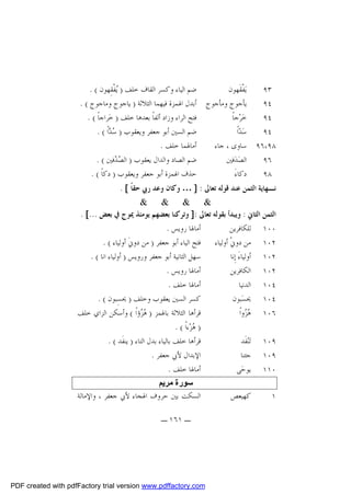 ‫ﺿﻢ ﺍﻟﻴﺎﺀ ﻭﻛﺴﺮ ﺍﻟﻘﺎﻑ ﺧﻠﻒ ) ‪‬ﻔﹾﻘِﻬﻮﻥ ( .‬
‫ﻳ‬
‫ﻳ‪‬ﻔﹾﻘﹶﻬﻮﻥ‬
‫٣٩‬
‫ﻳﺄﺟﻮﺝ ﻭﻣﺄﺟﻮﺝ ﺃﺑﺪﻝ ﺍﳍﻤﺰﺓ ﻓﻴﻬﻤﺎ ﺍﻟﺜﻼﺛﺔ ) ﻳﺎﺟﻮﺝ ﻭﻣﺎﺟﻮﺝ ( .‬
‫٤٩‬
‫ﻓﺘﺢ ﺍﻟﺮﺍﺀ ﻭﺯﺍﺩ ﺃﻟﻔﺎﹰ ﺑﻌﺪﻫﺎ ﺧﻠﻒ ) ﺧ‪‬ﺮﺍﺟﺎﹰ ( .‬
‫ﺧ‪‬ﺮ‪‬ﺟﺎﹰ‬
‫٤٩‬
‫ﺿﻢ ﺍﻟﺴﲔ ﺃﺑﻮ ﺟﻌﻔﺮ ﻭﻳﻌﻘﻮﺏ ) ‪ ‬ﺍﹰ ( .‬
‫ﺳﺪ‬
‫ﺳ‪ ‬ﺍﹰ‬
‫ﺪ‬
‫٤٩‬
‫ﺃﻣﺎﳍﻤﺎ ﺧﻠﻒ .‬
‫٨٩،٦٩ ﺳﺎﻭﻯ ، ﺟﺎﺀ‬
‫ﺿﻢ ﺍﻟﺼﺎﺩ ﻭﺍﻟﺪﺍﻝ ﻳﻌﻘﻮﺏ ) ﺍﻟ ‪ ‬ﻓﲔ ( .‬
‫ﺼﺪ‬
‫ﺍﻟﺼ‪‬ﺪ‪‬ﻓﲔ‬
‫٦٩‬
‫ﺣﺬﻑ ﺍﳍﻤﺰﺓ ﺃﺑﻮ ﺟﻌﻔﺮ ﻭﻳﻌﻘﻮﺏ ) ﺩﻛﺎﹰ ( .‬
‫ﺩﻛﺎﺀَ‬
‫٨٩‬
‫ﻧـﻬﺎﻳﺔ ﺍﻟﺜﻤﻦ ﻋﻨﺪ ﻗﻮﻟﻪ ﺗﻌﺎﱃ : ] … ﻭﻛﺎﻥ ﻭﻋﺪ ﺭﰊ ﺣﻘﺎﹰ [ .‬
‫& & & &‬
‫ﺍﻟﺜﻤﻦ ﺍﻟﺜﺎﱐ : ﻭﻳﺒﺪﺃ ﺑﻘﻮﻟﻪ ﺗﻌﺎﱃ :] ﻭﺗﺮﻛﻨﺎ ﺑﻌﻀﻬﻢ ﻳﻮﻣﺌﺬ ﳝﻮﺝ ﰲ ﺑﻌﺾ ...[ .‬
‫ﺃﻣﺎﳍﺎ ﺭﻭﻳﺲ .‬
‫٠٠١ ﻟﻠﻜﺎﻓﺮﻳﻦ‬
‫ﻓﺘﺢ ﺍﻟﻴﺎﺀ ﺃﺑﻮ ﺟﻌﻔﺮ ) ﻣﻦ ﺩﻭﱐﹶ ﺃﻭﻟﻴﺎﺀ ( .‬
‫٢٠١ ﻣﻦ ﺩﻭﱐﹾ ﺃﻭﻟﻴﺎﺀ‬
‫ﺳﻬﻞ ﺍﻟﺜﺎﻧﻴﺔ ﺃﺑﻮ ﺟﻌﻔﺮ ﻭﺭﻭﻳﺲ ) ﺃﻭﻟﻴﺎﺀ ﺍﻧﺎ ( .‬
‫٢٠١ ﺃﻭﻟﻴﺎﺀَ ﺇِﻧﺎ‬
‫ﺃﻣﺎﳍﺎ ﺭﻭﻳﺲ .‬
‫٢٠١ ﺍﻟﻜﺎﻓﺮﻳﻦ‬
‫ﺃﻣﺎﳍﺎ ﺧﻠﻒ .‬
‫٤٠١ ﺍﻟﺪﻧﻴﺎ‬
‫ﻛﺴﺮ ﺍﻟﺴﲔ ﻳﻌﻘﻮﺏ ﻭﺧﻠﻒ ) ﳛﺴِﺒﻮﻥ ( .‬
‫٤٠١ ﳛﺴ‪‬ﺒﻮﻥ‬
‫ﻗﺮﺃﻫﺎ ﺍﻟﺜﻼﺛﺔ ﺑﺎﳍﻤﺰ ) ‪ ‬ﺅﺍﹰ ( ﻭﺃﺳﻜﻦ ﺍﻟﺰﺍﻱ ﺧﻠﻒ‬
‫ﻫﺰ‬
‫٦٠١ ‪ ‬ﻭﺍﹰ‬
‫ﻫﺰ‬
‫) ‪‬ﺰ‪‬ﺀﺍﹰ ( .‬
‫ﻫ‬
‫ﻗﺮﺃﻫﺎ ﺧﻠﻒ ﺑﺎﻟﻴﺎﺀ ﺑﺪﻝ ﺍﻟﺘﺎﺀ ) ﻳﻨﻔﹶﺪ ( .‬
‫٩٠١ ﺗ‪‬ﻨ‪‬ﻔﹶﺪ‬
‫ﺍﻹﺑﺪﺍﻝ ﻷﰊ ﺟﻌﻔﺮ .‬
‫٩٠١ ﺟﺌﻨﺎ‬
‫ﺃﻣﺎﳍﺎ ﺧﻠﻒ .‬
‫٠١١ ﻳﻮﺣ‪‬ﻰ‬
‫١‬

‫ﻛﻬﻴﻌﺺ‬

‫ﺳﻮرة ﻣﺮﯾﻢ‬
‫ﺍﻟﺴﻜﺖ ﺑﲔ ﺣﺮﻭﻑ ﺍﳍﺠﺎﺀ ﻷﰊ ﺟﻌﻔﺮ ، ﻭﺍﻹﻣﺎﻟﺔ‬
‫ـ ١٦١ ـ‬

‫‪PDF created with pdfFactory trial version www.pdffactory.com‬‬

 