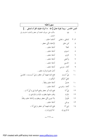 ‫ﺳﻮرة ﻃـﻪ‬
‫ﺍﻟﺜﻤﻦ ﺍﳋﺎﻣﺲ : ﻭﻳﺒﺪﺃ ﺑﻘﻮﻟﻪ ﺗﻌﺎﱃ ] ﻃﻪ . ﻣﺎ ﺃﻧﺰﻟﻨﺎ ﻋﻠﻴﻚ ﺍﻟﻘﺮﺁﻥ ﻟﺘﺸﻘﻰ ...[‬
‫ﺳﻜﺖ ﻋﻠﻰ ﺣﺮﻭﻑ ﺍﳍﺠﺎﺀ ﺃﺑﻮ ﺟﻌﻔﺮ ﻭﺃﻣﺎﳍـﺎ ﺧﻠـﻒ ﰲ‬
‫ﻃﻪ‬
‫١‬
‫٢، ٣‬
‫٤‬
‫٤‬
‫٥‬
‫٦‬
‫٧‬
‫٨‬
‫٩‬
‫٠١‬
‫٠١‬
‫٠١‬
‫٠١‬
‫٢١‬
‫٢١‬
‫٢١‬
‫٣١‬
‫٤١‬

‫ﻟﺘﺸﻘﻰ ، ﳜﺸﻰ‬
‫ﳑﻦ ﺧﻠﻖ‬
‫ﺍﻟﻌﻼ‬
‫ﺍﺳﺘﻮﻯ‬
‫ﺍﻟﺜﺮﻯ‬
‫ﻭﺃﺧﻔﻰ‬
‫ﺍﳊﺴﲎ‬
‫ﺃﺗﺎﻙ ، ﻣﻮﺳﻰ‬
‫ﺭﺃﻯ‬
‫ﺇﱐﹾ ﺁﻧﺴﺖ‬
‫ﻟﻌﻠﻲ‪ ‬ﺁﺗﻴﻜﻢ‬
‫ﻫﺪﻯ‪‬‬
‫ﺃﺗﺎﻫﺎ ، ﻳﺎﻣﻮﺳﻰ‬
‫ﺇﱐﹾ ﺃﻧﺎ‬
‫ﺑﺎﻟﻮﺍﺩِ‬
‫ﹸﻮﻯ‪‬‬
‫ﻃ‬
‫ﻳﻮﺣ‪‬ﻰ‬
‫ﺇﻧﲏ ﺃﻧﺎ‬
‫ﻟﺬﻛﺮﻱ ﺇﻥ‬

‫ﺍﳊﺮﻓﲔ .‬

‫ﺃﻣﺎﳍﻤﺎ ﺧﻠﻒ .‬
‫ﺍﻹﺧﻔﺎﺀ ﻷﰊ ﺟﻌﻔﺮ .‬
‫ﺃﻣﺎﳍﺎ ﺧﻠﻒ .‬
‫ﺃﻣﺎﳍﺎ ﺧﻠﻒ .‬
‫ﺃﻣﺎﳍﺎ ﺧﻠﻒ .‬
‫ﺃﻣﺎﳍﺎ ﺧﻠﻒ .‬
‫ﺃﻣﺎﳍﺎ ﺧﻠﻒ .‬
‫ﺃﻣﺎﳍﺎ ﺧﻠﻒ .‬
‫ﺃﻣﺎﻝ ﺍﳍﻤﺰﺓ ﻭﺍﻟﺮﺍﺀ ﺧﻠﻒ .‬
‫ﻓﺘﺢ ﺍﻟﻴﺎﺀ ﻓﻴﻬﻤﺎ ﺃﺑﻮ ﺟﻌﻔﺮ ) ﺇﱐﹶ ﺁﻧـﺴﺖ ، ﻟﻌﻠـﻲ‪‬‬
‫ﺁﺗﻴﻜﻢ ( .‬
‫ﺃﻣﺎﳍﺎ ﺧﻠﻒ ﻭﻗﻔﺎﹰ .‬
‫ﺃﻣﺎﳍﺎ ﺧﻠﻒ .‬
‫ﻓﺘﺢ ﺍﻟﻴﺎﺀ ﺃﺑﻮ ﺟﻌﻔﺮ ﻭﻓﺘﺢ ﳘﺰﺓ ﺇﱐ ) ﺃﱐﹶ ﺃﻧﺎ ( .‬
‫ﻭﻗﻒ ﻋﻠﻴﻬﺎ ﻳﻌﻘﻮﺏ ﺑﺎﻟﻴﺎﺀ ) ﺑﺎﻟﻮﺍﺩﻱ ( .‬
‫ﺑﻼ ﺗﻨﻮﻳﻦ ﻷﰊ ﺟﻌﻔﺮ ﻭﻳﻌﻘﻮﺏ ﻭﺃﻣﺎﳍﺎ ﺧﻠﻒ ﻭﻗﻔﺎﹰ.‬
‫ﺃﻣﺎﳍﺎ ﺧﻠﻒ .‬
‫ﻓﺘﺢ ﺍﻟﻴﺎﺀ ﻓﻴﻬﻤﺎ ﺃﺑﻮ ﺟﻌﻔﺮ ) ﺇﻧﲏ‪ ‬ﺃﻧﺎ ،‬
‫ﻟﺬﻛﺮﻱ‪ ‬ﺇﻥ ( .‬
‫ـ ٦٦١ ـ‬

‫‪PDF created with pdfFactory trial version www.pdffactory.com‬‬

 