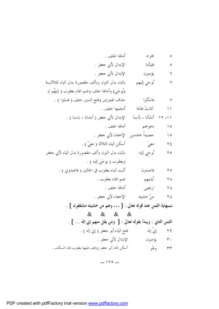 ‫ﺃﻣﺎﳍﺎ ﺧﻠﻒ .‬
‫ﺍﻓﺘﺮﺍﻩ‬
‫٥‬
‫ﺍﻹﺑﺪﺍﻝ ﻷﰊ ﺟﻌﻔﺮ .‬
‫ﻓﻠﻴﺄﺗﻨﺎ‬
‫٥‬
‫ﺍﻹﺑﺪﺍﻝ ﻷﰊ ﺟﻌﻔﺮ .‬
‫ﻳﺆﻣﻨﻮﻥ‬
‫٦‬
‫ﺑﺎﻟﻴﺎﺀ ﺑﺪﻝ ﺍﻟﻨﻮﻥ ﻭﺑﺄﻟﻒ ﻣﻘﺼﻮﺭﺓ ﺑﺪﻝ ﺍﻟﻴﺎﺀ ﻟﻠﺜﻼﺛـﺔ‬
‫‪‬ﻮﺣﻲ ﺇﻟﻴﻬﻢ‬
‫ﻧ‬
‫٧‬
‫)‪‬ﻮﺣ‪‬ﻰ( ﻭﺃﻣﺎﳍﺎ ﺧﻠﻒ ﻭﺿﻢ ﺍﳍﺎﺀ ﻳﻌﻘﻮﺏ ) ﺇﻟﻴ ‪‬ﻢ (.‬
‫ﻬ‬
‫ﻳ‬
‫ﺣﺬﻑ ﺍﳍﻤﺰﺗﲔ ﻭﻓﺘﺢ ﺍﻟﺴﲔ ﺧﻠﻒ ) ﻓﺴ‪‬ﻠﻮﺍ ( .‬
‫ﻓﺎﺳ‪‬ﺄﻟﻮﺍ‬
‫٧‬
‫ﺃﺩﻏﻤﻬﺎ ﺧﻠﻒ .‬
‫ﻛﺎﻧﺖ‪ ‬ﻇﺎﳌﺔ‬
‫١١‬
‫١١، ٢١ ﺃﻧﺸﺄﻧﺎ ، ﺑﺄﺳﻨﺎ ﺍﻹﺑﺪﺍﻝ ﻷﰊ ﺟﻌﻔﺮ ) ﺃﻧﺸﺎﻧﺎ ، ﺑﺎﺳﻨﺎ ( .‬
‫ﺃﻣﺎﳍﺎ ﺧﻠﻒ .‬
‫ﺩﻋﻮﺍﻫﻢ‬
‫٥١‬
‫٥١‬
‫ﺣﺼﻴﺪﺍﹰ ﺧﺎﻣﺪﻳﻦ ﺍﻹﺧﻔﺎﺀ ﻷﰊ ﺟﻌﻔﺮ .‬
‫ﺃﺳﻜﻦ ﺍﻟﻴﺎﺀ ﺍﻟﺜﻼﺛﺔ ) ﻣﻌﻲ‪. ( ‬‬
‫ﻣﻌﻲ‪‬‬
‫٤٢‬
‫ﺑﺎﻟﻴﺎﺀ ﺑﺪﻝ ﺍﻟﻨﻮﻥ ﻭﺃﻟﻒ ﻣﻘﺼﻮﺭﺓ ﺑﺪﻝ ﺍﻟﻴﺎﺀ ﻷﰊ ﺟﻌﻔﺮ‬
‫‪‬ﻮﺣِﻲ ﺇﻟﻴﻪ‬
‫ﻧ‬
‫٥٢‬
‫ﻭﻳﻌﻘﻮﺏ ) ﻳﻮﺣ‪‬ﻰ ﺇﻟﻴﻪ ( .‬
‫ﺃﺛﺒﺖ ﺍﻟﻴﺎﺀ ﻳﻌﻘﻮﺏ ﰲ ﺍﳊﺎﻟﲔ ) ﻓﺎﻋﺒﺪﻭﱐ ( .‬
‫ﻓﺎﻋﺒﺪﻭﻥ‬
‫٥٢‬
‫ﺿﻢ ﺍﳍﺎﺀ ﻳﻌﻘﻮﺏ .‬
‫ﺃﻳﺪﻳﻬِﻢ‬
‫٨٢‬
‫ﺃﻣﺎﳍﺎ ﺧﻠﻒ .‬
‫ﺍﺭﺗﻀﻰ‬
‫٨٢‬
‫ﺍﻹﺧﻔﺎﺀ ﻷﰊ ﺟﻌﻔﺮ .‬
‫ﻣﻦ‪ ‬ﺧﺸﻴﺘﻪ‬
‫٨٢‬
‫ﻧـﻬﺎﻳﺔ ﺍﻟﺜﻤﻦ ﻋﻨﺪ ﻗﻮﻟﻪ ﺗﻌﺎﱃ : ] … ﻭﻫﻢ ﻣﻦ ﺧﺸﻴﺘﻪ ﻣﺸﻔﻘﻮﻥ [ .‬
‫& & & &‬
‫ﺍﻟﺜﻤﻦ ﺍﻟﺜﺎﱐ : ﻭﻳﺒﺪﺃ ﺑﻘﻮﻟﻪ ﺗﻌﺎﱃ : ] ﻭﻣﻦ ﻳﻘﻞ ﻣﻨﻬﻢ ﺇﱐ ﺇﻟﻪ ... [ .‬
‫ﻓﺘﺢ ﺍﻟﻴﺎﺀ ﺃﺑﻮ ﺟﻌﻔﺮ ) ﺇﱐﹶ ﺇﻟﻪ ( .‬
‫ﺇﱐﹾ ﺇﻟﻪ‬
‫٩٢‬
‫ﺍﻹﺑﺪﺍﻝ ﻷﰊ ﺟﻌﻔﺮ .‬
‫ﻳﺆﻣﻨﻮﻥ‬
‫٠٣‬
‫ﺃﺳﻜﻦ ﺍﳍﺎﺀ ﺃﺑﻮ ﺟﻌﻔﺮ ﻭﻭﻗﻒ ﻋﻠﻴﻬﺎ ﻳﻌﻘﻮﺏ ‪‬ﺎﺀ ﺍﻟﺴﻜﺖ .‬
‫ﻭﻫ‪‬ﻮ‬
‫٣٣‬
‫ـ ٥٧١ ـ‬

‫‪PDF created with pdfFactory trial version www.pdffactory.com‬‬

 