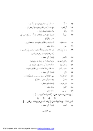 ‫٤٣‬
‫٥٣‬
‫٦٣‬
‫٦٣‬

‫ِﺖ‬
‫ﻣ ‪‬‬
‫‪‬ﺮﺟ‪‬ﻌﻮﻥ‬
‫ﺗ‬
‫ﺭﺁﻙ‬
‫‪ ‬ﻭﺍﹰ‬
‫ﻫﺰ‬

‫٧٣‬
‫٨٣‬
‫٩٣‬

‫ﺗﺴﺘﻌﺠﻠﻮﻥ‬
‫ﻣﱴ‬
‫ﻭﺟﻮﻫِﻬِ ‪ ‬ﺍﻟﻨﺎﺭ‬
‫ﻢ‬

‫٠٤‬
‫١٤‬
‫١٤‬
‫٤٤‬
‫٤٤‬
‫٥٤‬
‫٧٤‬
‫٧٤‬
‫٧٤‬
‫٨٤‬

‫ﺗﺄﺗﻴﻬِﻢ‬
‫ﻭﻟﻘﺪِ ﺍﺳﺘﻬﺰﺉ‬
‫ﻳﺴﺘﻬﺰﺀﻭﻥ‬
‫ﻋﻠﻴﻬِﻢ ﺍﻟﻌﻤﺮ‬
‫ﻧﺄﰐ‬
‫ﺍﻟﺪﻋﺎﺀَ ﺇﺫﺍ‬
‫ﻣﺜﻘﺎﻝﹶ‬
‫ﻣﻦ ﺧﺮﺩﻝ‬
‫ﻛﻔﹶﻰ‬
‫ﻣﻮﺳﻰ‬

‫ﺿﻢ ﺍﳌﻴﻢ ﺃﺑﻮ ﺟﻌﻔﺮ ﻭﻳﻌﻘﻮﺏ ) ﻣ ‪. ( ‬‬
‫‪‬ﺖ‬
‫ﻓﺘﺢ ﺍﻟﺘﺎﺀ ﻭﻛﺴﺮ ﺍﳉﻴﻢ ﻳﻌﻘﻮﺏ ) ﺗ‪‬ﺮﺟِﻌﻮﻥ ( .‬
‫ﺃﻣﺎﻝ ﺧﻠﻒ ﺍﳍﻤﺰﺓ ﻭﺍﻟﺮﺍﺀ .‬
‫ﺑﺎﳍﻤﺰﺓ ﺑﺪﻝ ﺍﻟﻮﺍﻭ ﻟﻠﺜﻼﺛﺔ ) ﻫ ‪‬ﺅﺍﹰ ( ﻭﺃﺳﻜﻦ ﺍﻟـﺰﺍﻱ‬
‫ﺰ‬
‫ﺧﻠﻒ ) ‪‬ﺰ‪‬ﺀﺍﹰ(‬
‫ﻫ‬
‫ﺃﺛﺒﺖ ﺍﻟﻴﺎﺀ ﰲ ﺍﳊﺎﻟﲔ ﻳﻌﻘﻮﺏ ) ﺗﺴﺘﻌﺠﻠﻮﱐ ( .‬
‫ﺃﻣﺎﳍﺎ ﺧﻠﻒ .‬
‫ﺿﻢ ﺍﳍﺎﺀ ﻭﺍﳌﻴﻢ ﻭﺻﻼﹰ ﺧﻠﻒ ) ﻭﺟـﻮﻫِ ‪  ‬ﺍﻟﻨـﺎﺭ (‬
‫ﻬﻢ‬
‫ﻭﻛﺴﺮﳘﺎ ﻳﻌﻘﻮﺏ ) ﻭﺟﻮﻫِﻬِﻢِ ﺍﻟﻨﺎﺭ ( .‬
‫ﺍﻹﺑﺪﺍﻝ ﻷﰊ ﺟﻌﻔﺮ .‬
‫ﺃﺑﺪﻝ ﺍﳍﻤﺰﺓ ﻳﺎﺀ ﺃﺑﻮ ﺟﻌﻔﺮ ) ﺍﺳﺘﻬﺰﻱ ( .‬
‫ﺣﺬﻑ ﺍﳍﻤﺰﺓ ﺃﺑﻮ ﺟﻌﻔﺮ ) ﻳﺴﺘﻬﺰﻭﻥ ( .‬
‫ﺿﻢ ﺍﳍﺎﺀ ﻭﺻﻼﹰ ﺧﻠﻒ ، ﻭﰲ ﺍﳊﺎﻟﲔ ﻳﻌﻘﻮﺏ .‬
‫ﺍﻹﺑﺪﺍﻝ ﻷﰊ ﺟﻌﻔﺮ .‬
‫ﺳﻬﻞ ﺍﻟﺜﺎﻧﻴﺔ ﺃﺑﻮ ﺟﻌﻔﺮ ﻭﺭﻭﻳﺲ ) ﺍﻟﺪﻋﺎﺀَ ﺇﺫﺍ ( .‬
‫ﺭﻓﻊ ﺍﻟﻼﻡ ﺃﺑﻮ ﺟﻌﻔﺮ ) ﻣﺜﻘﺎ ﹸ ( .‬
‫ﻝ‬
‫ﺍﻹﺧﻔﺎﺀ ﻷﰊ ﺟﻌﻔﺮ .‬
‫ﺃﻣﺎﳍﺎ ﺧﻠﻒ .‬
‫ﺃﻣﺎﳍﺎ ﺧﻠﻒ .‬

‫ﻧـﻬﺎﻳﺔ ﺍﻟﺜﻤﻦ ﻋﻨﺪ ﻗﻮﻟﻪ ﺗﻌﺎﱃ : ] ﺃﻓﺎﻧﺘﻢ ﻟﻪ ﻣﻨﻜﺮﻭﻥ … [ .‬
‫& & & &‬
‫ﺍﻟﺜﻤﻦ ﺍﻟﺜﺎﻟﺚ : ﻭﻳﺒﺪﺃ ﺑﻘﻮﻟﻪ ﺗﻌﺎﱃ: ] ﻭﻟﻘﺪ ﺁﺗﻴﻨﺎ ﺇﺑﺮﺍﻫﻴﻢ ﺭﺷﺪﻩ ﻣﻦ ﻗﺒﻞ ... [ .‬
‫ﺍﻹﺑﺪﺍﻝ ﻷﰊ ﺟﻌﻔﺮ .‬
‫ﺃﺟﺌﺘﻨﺎ‬
‫٥٥‬
‫ـ ٦٧١ ـ‬

‫‪PDF created with pdfFactory trial version www.pdffactory.com‬‬

 