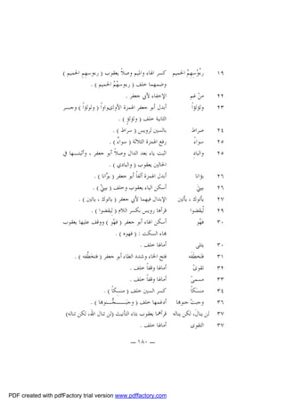 ‫ﺭ ُ ‪‬ﺳِﻬِ ‪ ‬ﺍﳊﻤﻴﻢ ﻛﺴﺮ ﺍﳍﺎﺀ ﻭﺍﳌﻴﻢ ﻭﺻﻼﹰ ﻳﻌﻘﻮﺏ ) ﺭﺀﻭﺳﻬِﻢِ ﺍﳊﻤﻴﻢ (‬
‫ﺀﻭ ﻢ‬
‫٩١‬
‫ﻭﺿﻤﻬﻤﺎ ﺧﻠﻒ ) ﺭﺀﻭﺳ ‪  ‬ﺍﳊﻤﻴﻢ ( .‬
‫ﻬﻢ‬
‫ﺍﻹﺧﻔﺎﺀ ﻷﰊ ﺟﻌﻔﺮ .‬
‫ﻣﻦ‪ ‬ﻏﻢ‬
‫٢٢‬
‫ﺃﺑﺪﻝ ﺃﺑﻮ ﺟﻌﻔﺮ ﺍﳍﻤﺰﺓ ﺍﻷﻭﻟىﻮﺍﻭﺍﹰ ) ﻭﻟﻮﻟﺆﺍﹰ ( ﻭﺟـﺮ‬
‫ﻭﻟﺆﻟﺆﺍﹰ‬
‫٣٢‬
‫ﺍﻟﺜﺎﻧﻴﺔ ﺧﻠﻒ ) ﻭﻟﺆﻟﺆٍ ( .‬
‫ﺑﺎﻟﺴﲔ ﻟﺮﻭﻳﺲ ) ﺳﺮﺍﻁ ( .‬
‫ﺻﺮﺍﻁ‬
‫٤٢‬
‫ﺭﻓﻊ ﺍﳍﻤﺰﺓ ﺍﻟﺜﻼﺛﺔ ) ﺳﻮﺍ ٌ ( .‬
‫ﺀ‬
‫ﺳﻮﺍﺀً‬
‫٥٢‬
‫ﺍﺛﺒﺖ ﻳﺎﺀ ﺑﻌﺪ ﺍﻟﺪﺍﻝ ﻭﺻﻼﹰ ﺃﺑﻮ ﺟﻌﻔﺮ ، ﻭﺃﺛﺒﺘـﻬﺎ ﰲ‬
‫ﻭﺍﻟﺒﺎﺩِ‬
‫٥٢‬
‫ﺍﳊﺎﻟﲔ ﻳﻌﻘﻮﺏ ) ﻭﺍﻟﺒﺎﺩﻱ ( .‬
‫ﺃﺑﺪﻝ ﺍﳍﻤﺰﺓ ﺃﻟﻔﺎﹰ ﺃﺑﻮ ﺟﻌﻔﺮ ) ﺑ ‪‬ﺍﻧﺎ ( .‬
‫ﻮ‬
‫ﺑﺆﺍﻧﺎ‬
‫٦٢‬
‫ﺃﺳﻜﻦ ﺍﻟﻴﺎﺀ ﻳﻌﻘﻮﺏ ﻭﺧﻠﻒ ) ﺑﻴﱵ‪. ( ‬‬
‫ﺑﻴﱵ‪‬‬
‫٦٢‬
‫ﻳﺄﺗﻮﻙ ، ﻳﺄﺗﲔ ﺍﻹﺑﺪﺍﻝ ﻓﻴﻬﻤﺎ ﻷﰊ ﺟﻌﻔﺮ ) ﻳﺎﺗﻮﻙ ، ﻳﺎﺗﲔ ( .‬
‫٧٢‬
‫ﻗﺮﺃﻫﺎ ﺭﻭﻳﺲ ﺑﻜﺴﺮ ﺍﻟﻼﻡ ) ﻟِﻴﻘﻀﻮﺍ ( .‬
‫ﻟﹾﻴﻘﻀﻮﺍ‬
‫٩٢‬
‫ﺃﺳﻜﻦ ﺍﳍﺎﺀ ﺃﺑﻮ ﺟﻌﻔﺮ ) ﻓﻬ‪‬ﻮ ( ﻭﻭﻗﻒ ﻋﻠﻴﻬﺎ ﻳﻌﻘﻮﺏ‬
‫ﻓ ‪‬ﻮ‬
‫ﻬ‬
‫٠٣‬
‫‪‬ﺎﺀ ﺍﻟﺴﻜﺖ : ) ﻓﻬﻮﻩ ( .‬
‫ﺃﻣﺎﳍﺎ ﺧﻠﻒ .‬
‫ﻳﺘﻠﻰ‬
‫٠٣‬
‫ﻓﺘﺢ ﺍﳋﺎﺀ ﻭﺷﺪﺩ ﺍﻟﻄﺎﺀ ﺃﺑﻮ ﺟﻌﻔﺮ ) ﻓﺘﺨ‪ ‬ﱠﻔﻪ ( .‬
‫ﻄ‬
‫ﻓﺘ‪‬ﺨﻄﹶﻔﹶﻪ‬
‫١٣‬
‫ﺃﻣﺎﳍﺎ ﻭﻗﻔﺎﹰ ﺧﻠﻒ .‬
‫ﺗﻘﻮﻯ‪‬‬
‫٢٣‬
‫ﺃﻣﺎﳍﺎ ﻭﻗﻔﺎﹰ ﺧﻠﻒ .‬
‫ﻣﺴﻤﻰ‪‬‬
‫٣٣‬
‫ﻛﺴﺮ ﺍﻟﺴﲔ ﺧﻠﻒ ) ﻣﻨﺴِﻜﺎﹰ ( .‬
‫ﻣﻨﺴ‪‬ﻜﺎﹰ‬
‫٤٣‬
‫ﻭﺟﺒﺖ‪ ‬ﺟﻨﻮ‪‬ﺎ ﺃﺩﻏﻤﻬﺎ ﺧﻠﻒ ) ﻭﺟﺒ‪‬ــ ‪‬ـﻨﻮ‪‬ﺎ ( .‬
‫ﺠ‬
‫٦٣‬
‫٧٣ ﻟﻦ ﻳﻨﺎﻝﹶ، ﻟﻜﻦ ﻳﻨﺎﻟﻪ ﻗﺮﺃﳘﺎ ﻳﻌﻘﻮﺏ ﺑﺘﺎﺀ ﺍﻟﺘﺄﻧﻴﺚ )ﻟﻦ ﺗﻨﺎﻝ ﺍﷲ، ﻟﻜﻦ ﺗﻨﺎﻟﻪ(‬
‫ﺃﻣﺎﳍﺎ ﺧﻠﻒ .‬
‫ﺍﻟﺘﻘﻮﻯ‬
‫٧٣‬
‫ـ ٠٨١ ـ‬

‫‪PDF created with pdfFactory trial version www.pdffactory.com‬‬

 