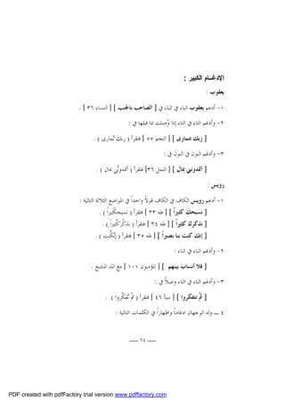 ‫اﻹدﻏــﺎم اﻟﻜﺒﯿﺮ :‬
‫ﻳﻌﻘﻮﺏ :‬
‫١- ﺃﺩﻏﻢ ﻳﻌﻘﻮﺏ ﺍﻟﺒﺎﺀ ﰲ ﺍﻟﺒﺎﺀ ﰲ ] ﺍﻟﺼﺎﺣﺐ ﺑﺎﳉﻨﺐ [ ] ﺍﻟﻨﺴﺎﺀ ٦٣ [ .‬
‫٢- ﻭﺃﺩﻏﻢ ﺍﻟﺘﺎﺀ ﰲ ﺍﻟﺘﺎﺀ ﺇﺫﺍ ‪‬ﺻﻠﺖ ﲟﺎ ﻗﺒﻠﻬﺎ ﰲ :‬
‫ﻭ‬
‫] ﺭﺑﻚ ﺗﺘﻤﺎﺭﻯ [ ] ﺍﻟﻨﺠﻢ ٥٥ [ ﻓﺘﻘﺮﺃ ) ﺭﺑﻚ‪ ‬ﻤﺎﺭﻯ ( .‬
‫ﺗ‬
‫٣- ﻭﺃﺩﻏﻢ ﺍﻟﻨﻮﻥ ﰲ ﺍﻟﻨﻮﻥ ﰲ :‬
‫] ﺃﲤﺪﻭﻧﲏ ﲟﺎﻝ [ ] ﺍﻟﻨﻤﻞ ٦٣[ ﻓﺘﻘﺮﺃ ) ﺃﲤﺪﻭ‪‬ﻲ ﲟﺎﻝ ( .‬
‫ﻧ‬
‫ﺭﻭﻳﺲ :‬
‫١- ﺃﺩﻏﻢ ﺭﻭﻳﺲ ﺍﻟﻜﺎﻑ ﰲ ﺍﻟﻜﺎﻑ ﻗﻮﻻﹰ ﻭﺍﺣﺪﺍﹰ ﰲ ﺍﳌﻮﺍﺿﻊ ﺍﻟﺜﻼﺛﺔ ﺍﻟﺘﺎﻟﻴﺔ :‬
‫] ﻧﺴﺒﺤﻚ‪ ‬ﻛﺜﲑﺍﹰ [ ] ﻃﻪ ٣٣ [ ﻓﺘﻘﺮﺃ ) ﻧﺴﺒﺤ ﱠﺜﲑﺍﹰ ( .‬
‫ﻜ‬
‫] ﻧﺬﻛﺮﻙ‪ ‬ﻛﺜﲑﺍﹰ [ ] ﻃﻪ ٤٣ [ ﻓﺘﻘﺮﺃ ) ﻧﺬ ﹸﺮ‪ ‬ﱠﺜﲑﺍﹰ ( .‬
‫ﻛﻛ‬

‫] ﺇﻧﻚ‪ ‬ﻛﻨﺖ ﺑﻨﺎ ﺑﺼﲑﺍﹰ [ ] ﻃﻪ ٥٣ [ ﻓﺘﻘﺮﺃ ) ﺇِ‪ ‬ﱡﻨﺖ ( .‬
‫ﻧﻜ‬
‫٢- ﻭﺃﺩﻏﻢ ﺍﻟﺒﺎﺀ ﰲ ﺍﻟﺒﺎﺀ :‬
‫] ﻓﻼ ﺃﻧﺴﺎﺏ‪ ‬ﺑﻴﻨﻬﻢ [ ] ﺍﳌﺆﻣﻨﻮﻥ ١٠١ [ ﻣﻊ ﺍﳌﺪ ﺍﳌﺸﺒﻊ .‬
‫٣- ﻭﺃﺩﻏﻢ ﺍﻟﺘﺎﺀ ﰲ ﺍﻟﺘﺎﺀ ﻭﺻﻼﹰ ﰲ :‬
‫] ﱠ ﺗﺘﻔﻜﺮﻭﺍ [ ] ﺳﺒﺄ ٦٤ [ ﻓﺘﻘﺮﺃ ) ﹼ ‪‬ﻔ ﱠﺮﻭﺍ ( .‬
‫ﰒﺗﻜ‬
‫ﰒ‬
‫٤ ـ ﻭﻟﻪ ﺍﻟﻮﺟﻬﺎﻥ ﺍﺩﻏﺎﻣﺎﹰ ﻭﺍﻇﻬﺎﺭﺍﹰ ﰲ ﺍﻟﻜﻠﻤﺎﺕ ﺍﻟﺘﺎﻟﻴﺔ :‬
‫ــ ٤٦ ــ‬

‫‪PDF created with pdfFactory trial version www.pdffactory.com‬‬

 