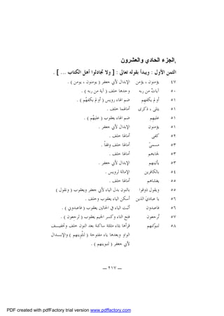 ‫,اﻟﺠﺰء اﻟﺤﺎدي واﻟﻌﺸﺮون‬
‫ﺍﻟﺜﻤﻦ ﺍﻷﻭﻝ : ﻭﻳﺒﺪﺃ ﺑﻘﻮﻟﻪ ﺗﻌﺎﱃ : ] ﻭﻻ ﲡﺎﺩﻟﻮﺍ ﺃﻫﻞ ﺍﻟﻜﺘﺎﺏ ... [ .‬

‫٧٤‬
‫٠٥‬
‫١٥‬
‫١٥‬
‫١٥‬
‫١٥‬
‫٢٥‬
‫٣٥‬
‫٣٥‬
‫٣٥‬
‫٤٥‬
‫٥٥‬
‫٥٥‬
‫٦٥‬
‫٦٥‬
‫٧٥‬
‫٨٥‬

‫ﻳﺆﻣﻨﻮﻥ ، ﻳﺆﻣﻦ‬
‫ﺁﻳﺎ ‪ ‬ﻣﻦ ﺭﺑﻪ‬
‫ﺕ‬
‫ﺃﻭﱂ ﻳﻜﻔﻬِﻢ‬
‫ﻳﺘﻠﻰ ، ﺫﻛﺮﻯ‬
‫ﻋﻠﻴﻬِﻢ‬
‫ﻳﺆﻣﻨﻮﻥ‬
‫ﻛﻔﻰ‬
‫ﻣﺴﻤﻰ‪‬‬
‫ﳉﺎﺀﻫﻢ‬
‫ﻳﺄﺗﻴﻨﻬﻢ‬
‫ﺑﺎﻟﻜﺎﻓﺮﻳﻦ‬
‫ﻳﻐﺸﺎﻫﻢ‬
‫ﻭﻳﻘﻮﻝ ﺫﻭﻗﻮﺍ‬
‫ﻳﺎ ﻋﺒﺎﺩﻱ‪ ‬ﺍﻟﺬﻳﻦ‬
‫ﻓﺎﻋﺒﺪﻭﻥ‬
‫‪‬ﺮﺟﻌﻮﻥ‬
‫ﺗ‬
‫ﻟﻨﺒ ‪‬ﺋﻨﻬﻢ‬
‫ﻮ‬

‫ﺍﻹﺑﺪﺍﻝ ﻷﰊ ﺟﻌﻔﺮ ) ﻳﻮﻣﻨﻮﻥ ، ﻳﻮﻣﻦ ( .‬
‫ﻭﺣﺪﻫﺎ ﺧﻠﻒ ) ﺁﻳﺔ ﻣﻦ ﺭﺑﻪ ( .‬
‫ﺿﻢ ﺍﳍﺎﺀ ﺭﻭﻳﺲ ) ﺃﻭﱂ ﻳﻜﻔ ‪‬ﻢ ( .‬
‫ﻬ‬
‫ﺃﻣﺎﳍﻤﺎ ﺧﻠﻒ .‬
‫ﺿﻢ ﺍﳍﺎﺀ ﻳﻌﻘﻮﺏ ) ﻋﻠﻴ ‪‬ﻢ ( .‬
‫ﻬ‬
‫ﺍﻹﺑﺪﺍﻝ ﻷﰊ ﺟﻌﻔﺮ .‬
‫ﺃﻣﺎﳍﺎ ﺧﻠﻒ .‬
‫ﺃﻣﺎﳍﺎ ﺧﻠﻒ ﻭﻗﻔﺎﹰ .‬
‫ﺃﻣﺎﳍﺎ ﺧﻠﻒ .‬
‫ﺍﻹﺑﺪﺍﻝ ﻷﰊ ﺟﻌﻔﺮ .‬
‫ﺍﻹﻣﺎﻟﺔ ﻟﺮﻭﻳﺲ .‬
‫ﺃﻣﺎﳍﺎ ﺧﻠﻒ .‬
‫ﺑﺎﻟﻨﻮﻥ ﺑﺪﻝ ﺍﻟﻴﺎﺀ ﻷﰊ ﺟﻌﻔﺮ ﻭﻳﻌﻘﻮﺏ ) ﻭﻧﻘﻮﻝ (‬
‫ﺃﺳﻜﻦ ﺍﻟﻴﺎﺀ ﻳﻌﻘﻮﺏ ﻭﺧﻠﻒ .‬
‫ﺃﺛﺒﺖ ﺍﻟﻴﺎﺀ ﰲ ﺍﳊﺎﻟﲔ ﻳﻌﻘﻮﺏ ) ﻓﺎﻋﺒﺪﻭﱐ ( .‬
‫ﻓﺘﺢ ﺍﻟﺘﺎﺀ ﻭﻛﺴﺮ ﺍﳉﻴﻢ ﻳﻌﻘﻮﺏ ) ﺗ‪‬ﺮﺟِﻌﻮﻥ ( .‬
‫ﻗﺮﺃﻫﺎ ﺑﺜﺎﺀ ﻣﺜﻠﺜﺔ ﺳﺎﻛﻨﺔ ﺑﻌﺪ ﺍﻟﻨﻮﻥ ﺧﻠﻒ ﻭﲣﻔﻴـﻒ‬
‫ﺍﻟﻮﺍﻭ ﻭﺑﻌﺪﻫﺎ ﻳﺎﺀ ﻣﻔﺘﻮﺣﺔ ) ﻟﻨﺜﹾﻮِﻳﻨﻬﻢ ( ﻭﺍﻹﺑـﺪﺍﻝ‬
‫ﻷﰊ ﺟﻌﻔﺮ ) ﻟﻨﺒﻮﻳﻨﻬﻢ ( .‬
‫ـ ٧١٢ ـ‬

‫‪PDF created with pdfFactory trial version www.pdffactory.com‬‬

 