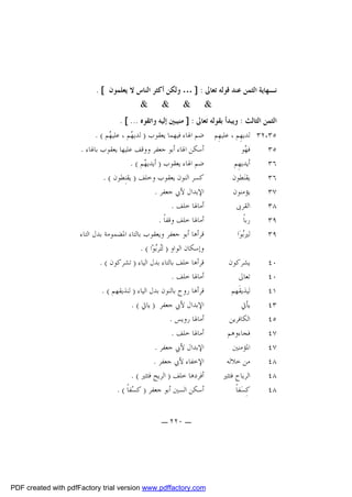 ‫ﻧـﻬﺎﻳﺔ ﺍﻟﺜﻤﻦ ﻋﻨﺪ ﻗﻮﻟﻪ ﺗﻌﺎﱃ : ] … ﻭﻟﻜﻦ ﺃﻛﺜﺮ ﺍﻟﻨﺎﺱ ﻻ ﻳﻌﻠﻤﻮﻥ [ .‬
‫& & & &‬
‫ﺍﻟﺜﻤﻦ ﺍﻟﺜﺎﻟﺚ : ﻭﻳﺒﺪﺃ ﺑﻘﻮﻟﻪ ﺗﻌﺎﱃ : ] ﻣﻨﻴﺒﲔ ﺇﻟﻴﻪ ﻭﺍﺗﻘﻮﻩ ... [ .‬
‫٥٣،٢٣ ﻟﺪﻳﻬِﻢ ، ﻋﻠﻴﻬِﻢ ﺿﻢ ﺍﳍﺎﺀ ﻓﻴﻬﻤﺎ ﻳﻌﻘﻮﺏ ) ﻟﺪﻳ ‪‬ﻢ ، ﻋﻠﻴ ‪‬ﻢ ( .‬
‫ﻬ‬
‫ﻬ‬
‫ﺃﺳﻜﻦ ﺍﳍﺎﺀ ﺃﺑﻮ ﺟﻌﻔﺮ ﻭﻭﻗﻒ ﻋﻠﻴﻬﺎ ﻳﻌﻘﻮﺏ ﺑﺎﳍﺎﺀ .‬
‫ﻓ ‪‬ﻮ‬
‫ﻬ‬
‫٥٣‬
‫ﺿﻢ ﺍﳍﺎﺀ ﻳﻌﻘﻮﺏ ) ﺃﻳﺪﻳ ‪‬ﻢ ( .‬
‫ﻬ‬
‫ﺃﻳﺪﻳﻬِﻢ‬
‫٦٣‬
‫ﻛﺴﺮ ﺍﻟﻨﻮﻥ ﻳﻌﻘﻮﺏ ﻭﺧﻠﻒ ) ﻳﻘﻨِﻄﻮﻥ ( .‬
‫ﻳﻘﻨ‪‬ﻄﻮﻥ‬
‫٦٣‬
‫ﺍﻹﺑﺪﺍﻝ ﻷﰊ ﺟﻌﻔﺮ .‬
‫ﻳﺆﻣﻨﻮﻥ‬
‫٧٣‬
‫ﺃﻣﺎﳍﺎ ﺧﻠﻒ .‬
‫ﺍﻟﻘﺮﰉ‬
‫٨٣‬
‫ﺃﻣﺎﳍﺎ ﺧﻠﻒ ﻭﻗﻔﺎﹰ .‬
‫ﺭﺑﺎﹰ‬
‫٩٣‬
‫ﻗﺮﺃﻫﺎ ﺃﺑﻮ ﺟﻌﻔﺮ ﻭﻳﻌﻘﻮﺏ ﺑﺎﻟﺘﺎﺀ ﺍﳌﻀﻤﻮﻣﺔ ﺑﺪﻝ ﺍﻟﺘﺎﺀ‬
‫ﻟﲑ‪‬ﻮ‪‬ﺍ‬
‫ﺑ‬
‫٩٣‬
‫ﻭﺇﺳﻜﺎﻥ ﺍﻟﻮﺍﻭ ) ﻟ‪‬ﺮ‪‬ﻮ‪‬ﺍ ( .‬
‫ﺘﺑ‬
‫ﻗﺮﺃﻫﺎ ﺧﻠﻒ ﺑﺎﻟﺘﺎﺀ ﺑﺪﻝ ﺍﻟﻴﺎﺀ ) ﺗﺸﺮﻛﻮﻥ ( .‬
‫ﻳﺸﺮﻛﻮﻥ‬
‫٠٤‬
‫ﺃﻣﺎﳍﺎ ﺧﻠﻒ .‬
‫ﺗﻌﺎﱃ‬
‫٠٤‬
‫ﻗﺮﺃﻫﺎ ﺭﻭﺡ ﺑﺎﻟﻨﻮﻥ ﺑﺪﻝ ﺍﻟﻴﺎﺀ ) ﻟﻨﺬﻳﻘﻬﻢ ( .‬
‫ﻟﻴﺬﻳﻘﹶﻬﻢ‬
‫١٤‬
‫ﺍﻹﺑﺪﺍﻝ ﻷﰊ ﺟﻌﻔﺮ ) ﻳﺎﰐ ( .‬
‫ﻳﺄﰐ‬
‫٣٤‬
‫ﺃﻣﺎﳍﺎ ﺭﻭﻳﺲ .‬
‫ﺍﻟﻜﺎﻓﺮﻳﻦ‬
‫٥٤‬
‫ﺃﻣﺎﳍﺎ ﺧﻠﻒ .‬
‫ﻓﺠﺎﺀﻭﻫﻢ‬
‫٧٤‬
‫ﺍﻹﺑﺪﺍﻝ ﻷﰊ ﺟﻌﻔﺮ .‬
‫ﺍﳌﺆﻣﻨﲔ‬
‫٧٤‬
‫ﺍﻹﺧﻔﺎﺀ ﻷﰊ ﺟﻌﻔﺮ .‬
‫ﻣﻦ ﺧﻼﻟﻪ‬
‫٨٤‬
‫ﺃﻓﺮﺩﻫﺎ ﺧﻠﻒ ) ﺍﻟﺮﻳﺢ ﻓﺘﺜﲑ ( .‬
‫ﺍﻟﺮﻳﺎﺡ ﻓﺘﺜﲑ‬
‫٨٤‬
‫ﺃﺳﻜﻦ ﺍﻟﺴﲔ ﺃﺑﻮ ﺟﻌﻔﺮ ) ﻛﺴ‪‬ﻔﺎﹰ ( .‬
‫ﻛِﺴ‪‬ﻔﺎﹰ‬
‫٨٤‬
‫ـ ٠٢٢ ـ‬

‫‪PDF created with pdfFactory trial version www.pdffactory.com‬‬

 