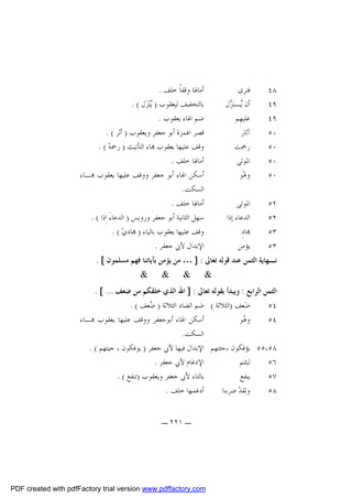 ‫٨٤‬
‫٩٤‬
‫٩٤‬
‫٠٥‬
‫٠٥‬
‫٠٥‬
‫٠٥‬

‫ﻓﺘﺮﻯ‬
‫ﺃﻥ ‪‬ـﻨ‪ ‬ﻝ‬
‫ﻳ ﺰ‬
‫ﻋﻠﻴﻬِﻢ‬
‫ﺁﺛﺎﺭ‬
‫ﺭﲪﺖ‬
‫ﺍﳌﻮﺗﻰ‬
‫ﻭﻫ‪‬ﻮ‬

‫٢٥‬
‫٢٥‬
‫٣٥‬
‫٣٥‬

‫ﺃﻣﺎﳍﺎ ﻭﻗﻔﺎﹰ ﺧﻠﻒ .‬
‫ﺑﺎﻟﺘﺨﻔﻴﻒ ﻟﻴﻌﻘﻮﺏ ) ‪‬ﻨ‪‬ﺰ‪‬ﻝ ( .‬
‫ﻳ‬
‫ﺿﻢ ﺍﳍﺎﺀ ﻳﻌﻘﻮﺏ .‬
‫ﻗﺼﺮ ﺍﳍﻤﺰﺓ ﺃﺑﻮ ﺟﻌﻔﺮ ﻭﻳﻌﻘﻮﺏ ) ﺃﺛﺮ ( .‬
‫ﻭﻗﻒ ﻋﻠﻴﻬﺎ ﻳﻌﻘﻮﺏ ‪‬ﺎﺀ ﺍﻟﺘﺄﻧﻴﺚ ) ﺭﲪﻪ‪. ( ‬‬
‫ﺃﻣﺎﳍﺎ ﺧﻠﻒ .‬
‫ﺃﺳﻜﻦ ﺍﳍﺎﺀ ﺃﺑﻮ ﺟﻌﻔﺮ ﻭﻭﻗﻒ ﻋﻠﻴﻬﺎ ﻳﻌﻘﻮﺏ ‪‬ـﺎﺀ‬
‫ﺍﻟﺴﻜﺖ.‬
‫ﺃﻣﺎﳍﺎ ﺧﻠﻒ .‬
‫ﺳﻬﻞ ﺍﻟﺜﺎﻧﻴﺔ ﺃﺑﻮ ﺟﻌﻔﺮ ﻭﺭﻭﻳﺲ ) ﺍﻟﺪﻋﺎﺀَ ﺍِﺫﺍ ( .‬
‫ﻭﻗﻒ ﻋﻠﻴﻬﺎ ﻳﻌﻘﻮﺏ ﺑﺎﻟﻴﺎﺀ ) ‪‬ﺎﺩﻱ‪. ( ‬‬
‫ﺍﻹﺑﺪﺍﻝ ﻷﰊ ﺟﻌﻔﺮ .‬

‫ﺍﳌﻮﺗﻰ‬
‫ﺍﻟﺪﻋﺎﺀ ﺇﺫﺍ‬
‫‪‬ﺎﺩِ‬
‫ﻳﺆﻣﻦ‬

‫ﻧـﻬﺎﻳﺔ ﺍﻟﺜﻤﻦ ﻋﻨﺪ ﻗﻮﻟﻪ ﺗﻌﺎﱃ : ] … ﻣﻦ ﻳﺆﻣﻦ ﺑﺂﻳﺎﺗﻨﺎ ﻓﻬﻢ ﻣﺴﻠﻤﻮﻥ [ .‬
‫&‬

‫&‬

‫&‬

‫&‬

‫ﺍﻟﺜﻤﻦ ﺍﻟﺮﺍﺑﻊ : ﻭﻳﺒﺪﺃ ﺑﻘﻮﻟﻪ ﺗﻌﺎﱃ : ] ﺍﷲ ﺍﻟﺬﻱ ﺧﻠﻘﻜﻢ ﻣﻦ ﺿﻌﻒ ... [ .‬
‫٤٥‬
‫ﺿ‪‬ﻌﻒ )ﺍﻟﺜﻼﺛﺔ ( ﺿﻢ ﺍﻟﻀﺎﺩ ﺍﻟﺜﻼﺛﺔ ) ‪‬ﻌﻒ ( .‬
‫ﺿ‬
‫ﺃﺳﻜﻦ ﺍﳍﺎﺀ ﺃﺑﻮﺟﻌﻔﺮ ﻭﻭﻗﻒ ﻋﻠﻴﻬﺎ ﻳﻌﻘﻮﺏ ‪‬ـﺎﺀ‬
‫ﻭ ‪‬ﻮ‬
‫ﻫ‬
‫٤٥‬
‫ﺍﻟﺴﻜﺖ.‬
‫٨٥،٥٥ ﻳﺆﻓﻜﻮﻥ ،ﺟﺌﺘﻬﻢ ﺍﻹﺑﺪﺍﻝ ﻓﻴﻬﺎ ﻷﰊ ﺟﻌﻔﺮ ) ﻳﻮﻓﻜﻮﻥ ، ﺟﻴﺘﻬﻢ ( .‬
‫ﺍﻹﺩﻏﺎﻡ ﻷﰊ ﺟﻌﻔﺮ .‬
‫ﻟﺒﺜﺘﻢ‬
‫٦٥‬
‫ﺑﺎﻟﺘﺎﺀ ﻷﰊ ﺟﻌﻔﺮ ﻭﻳﻌﻘﻮﺏ )ﺗﻨﻔﻊ ( .‬
‫ﻳﻨﻔﻊ‬
‫٧٥‬
‫ﺃﺩﻏﻤﻬﺎ ﺧﻠﻒ .‬
‫ﻭﻟﻘﺪ‪ ‬ﺿﺮﺑﻨﺎ‬
‫٨٥‬
‫ـ ١٢٢ ـ‬

‫‪PDF created with pdfFactory trial version www.pdffactory.com‬‬

 